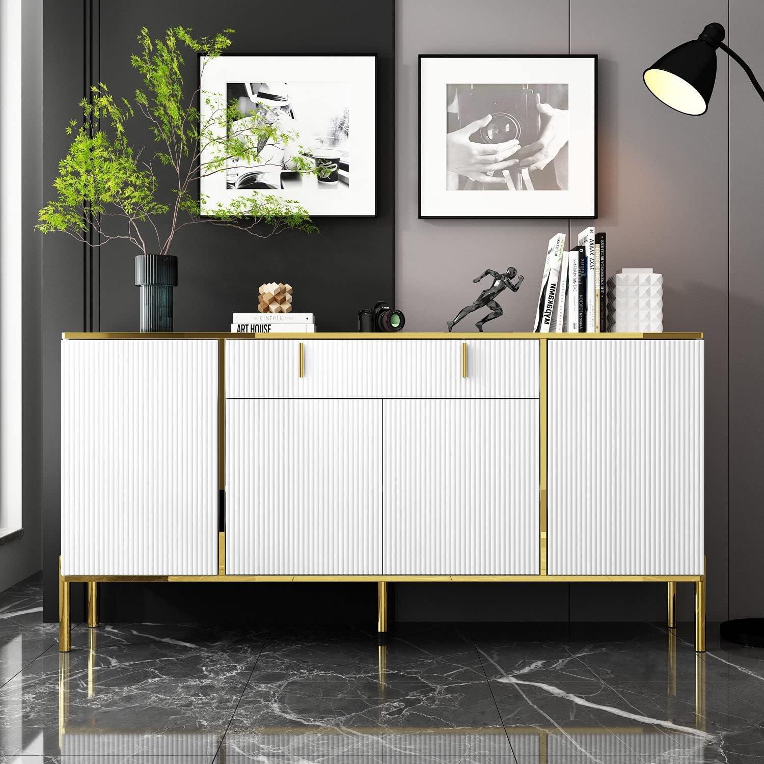 OXYLIFE Kitchen Credenza Storage Cabinet, Buffet Sideboard with Drawer and Adjustable Shelf, White