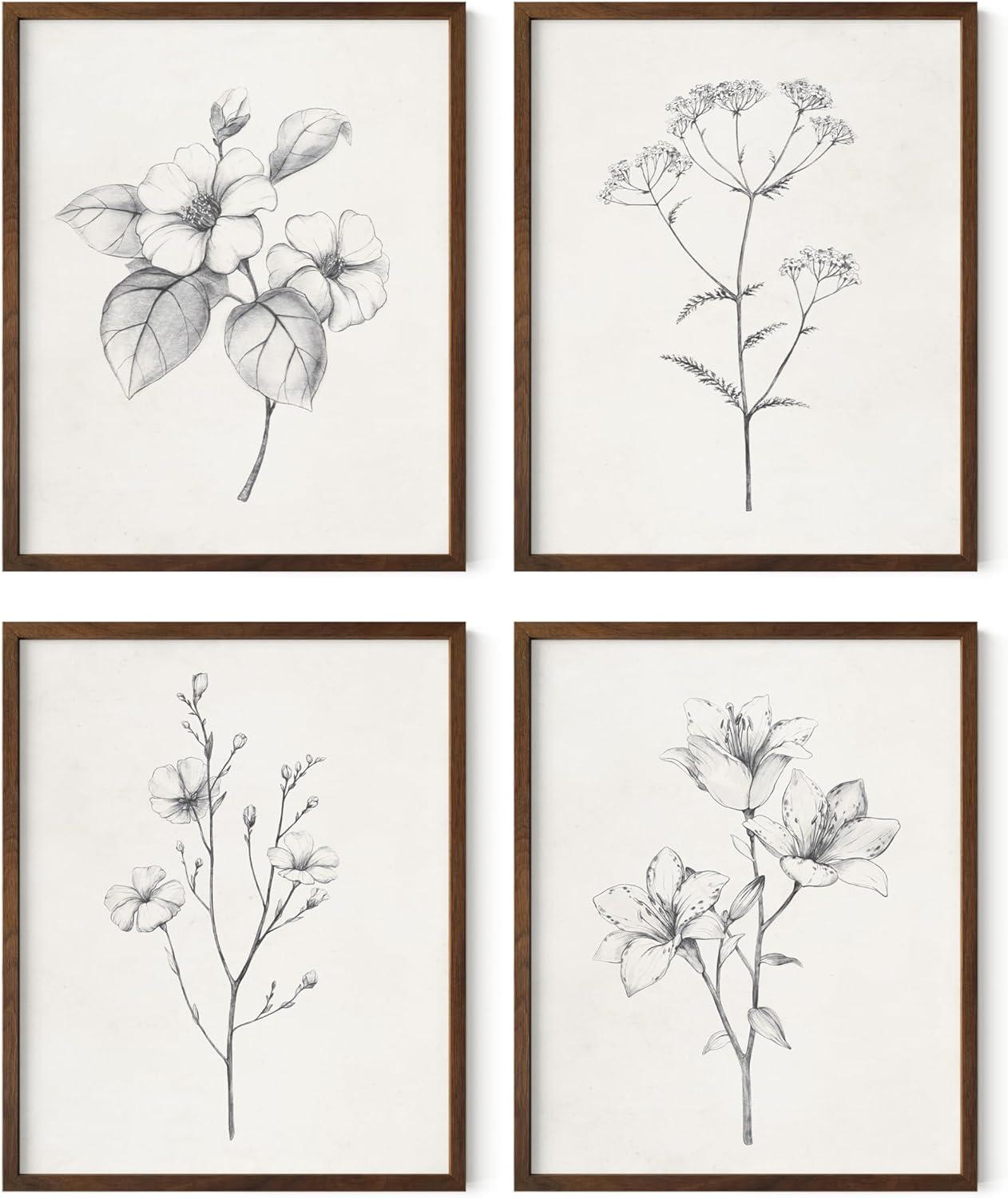 Set of 4 Black and White Botanical Floral Prints with Walnut Frames