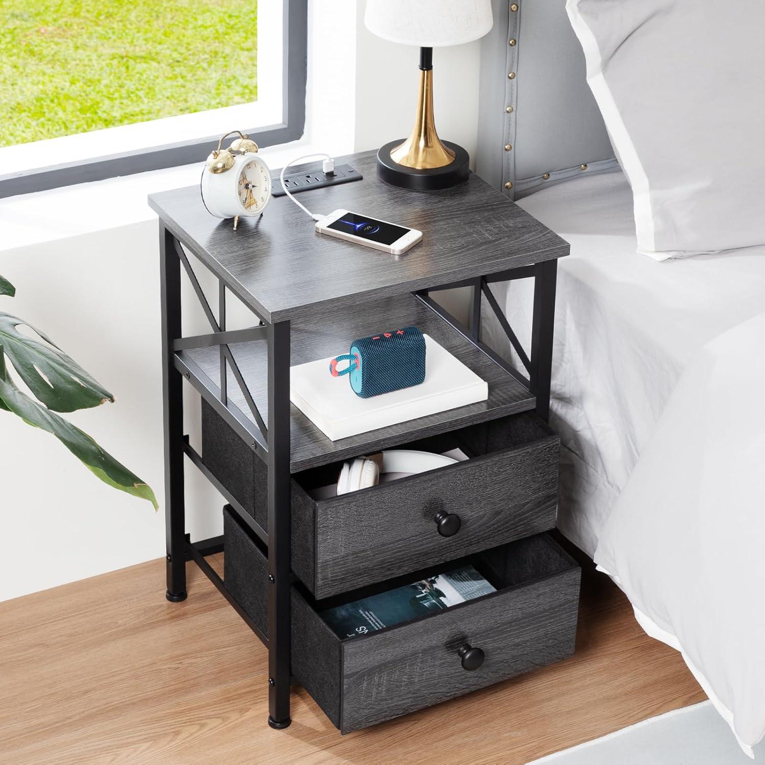 Dark Gray Metal Frame Nightstand Set with Charging Station