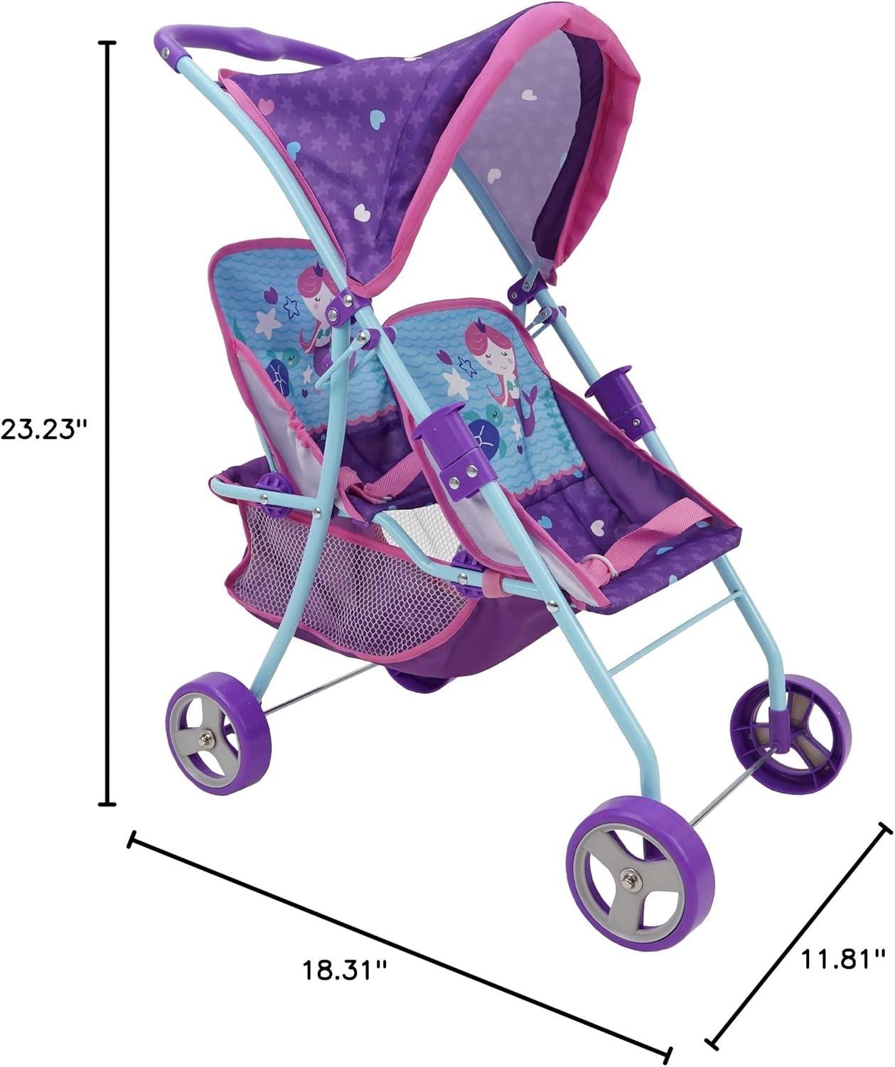 509: Mermaid Twin Doll Stroller W/ Retractable Canopy, 2 Seats