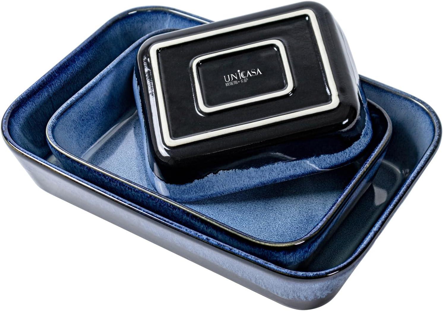 UNICASA Baking Dishes for Oven, Ceramic Casserole Dish Bakeware Set, 9x13 In Lasagna Pans, Blue Baker Dish for Cooking, Dinner - Reactive Glaze Blue