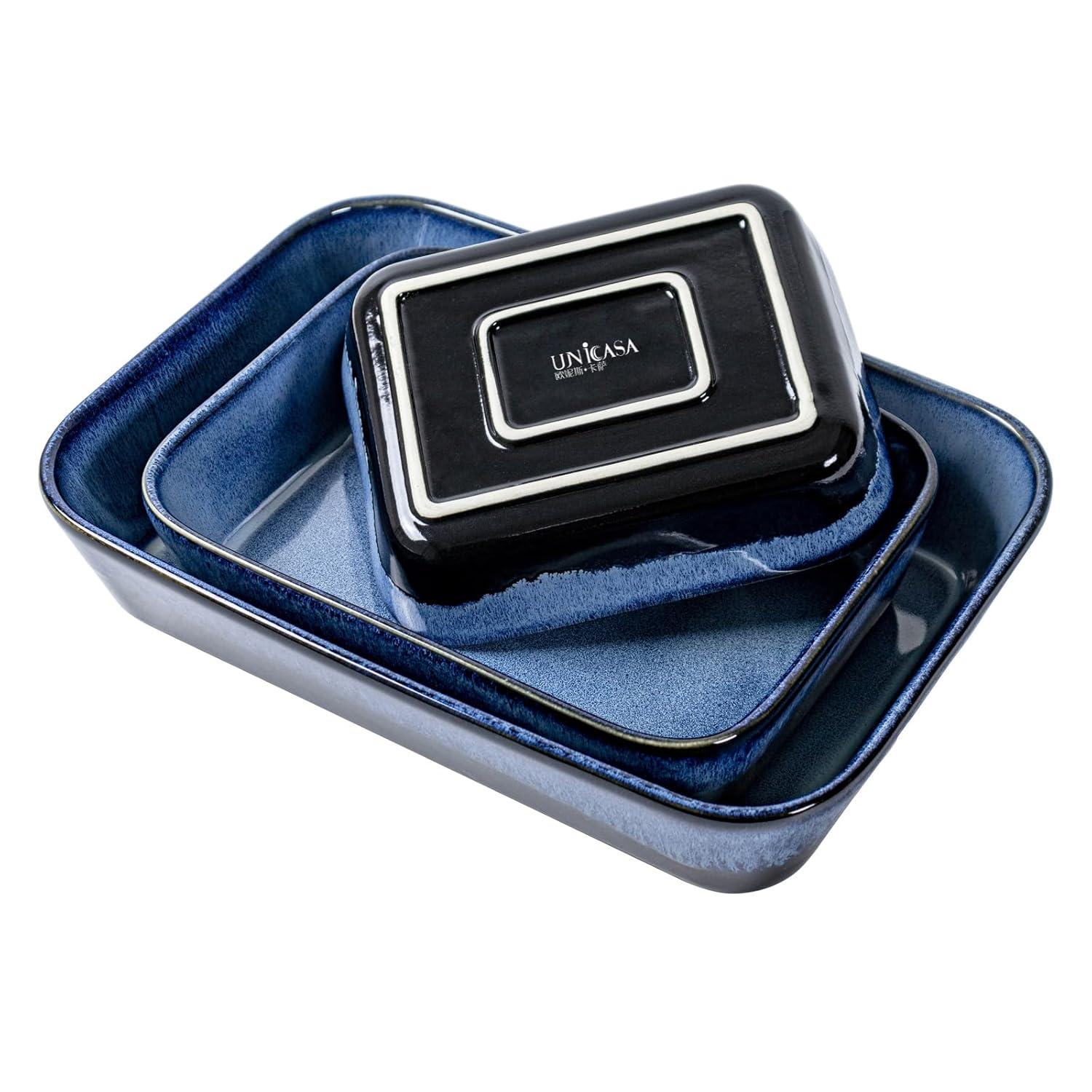 UNICASA Baking Dishes for Oven, Ceramic Casserole Dish Bakeware Set, 9x13 In Lasagna Pans, Blue Baker Dish for Cooking, Dinner - Reactive Glaze Blue
