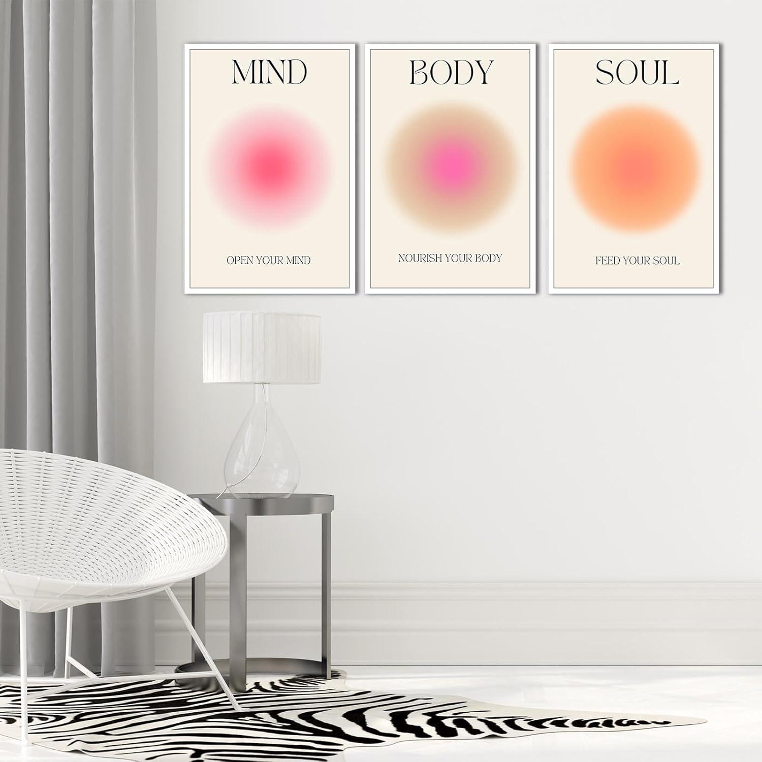 Asdg12s-Positive Aura Posters for Room Aesthetic 3 Piece Colorful Aura Grainy Gradient Canvas Wall Art Spiritual Soul Body Mind Quote Print Painting Danish Pastel Home Wall Decor for Bedroom
