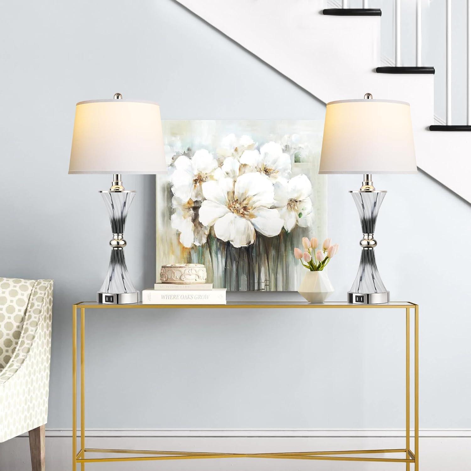 Touch Control Dimmable Table Lamps for Bedrooms, 3-Way Gold Crystal Bedside Lamp with USB Ports, Set of 2 Contemporary End Table Lamps with White Drum Shade for Living Room Reading, LED Bulbs Included