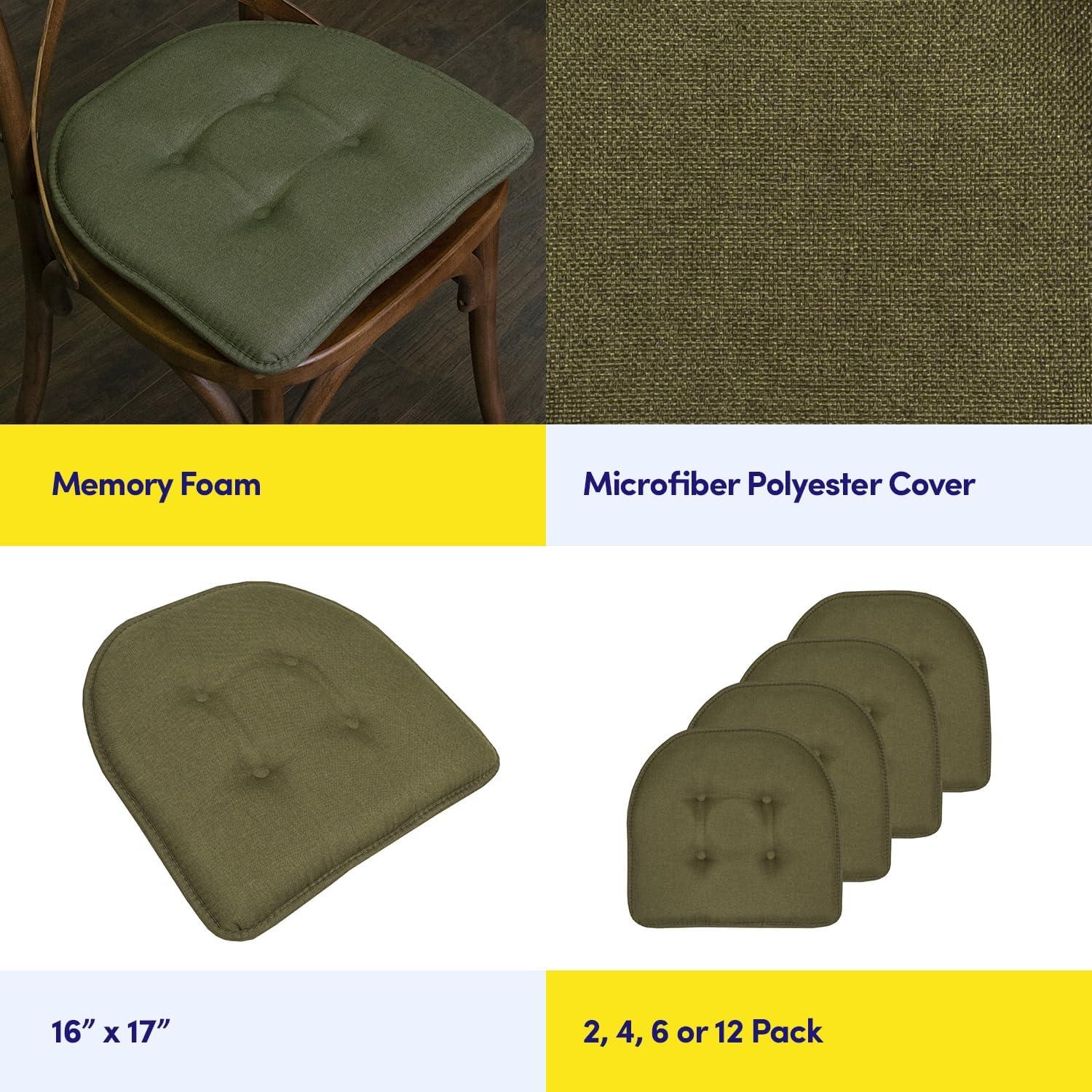 Solid Color U Shaped Memory Foam 17" x 16" Chair Cushions, Army Green, 4 Pack