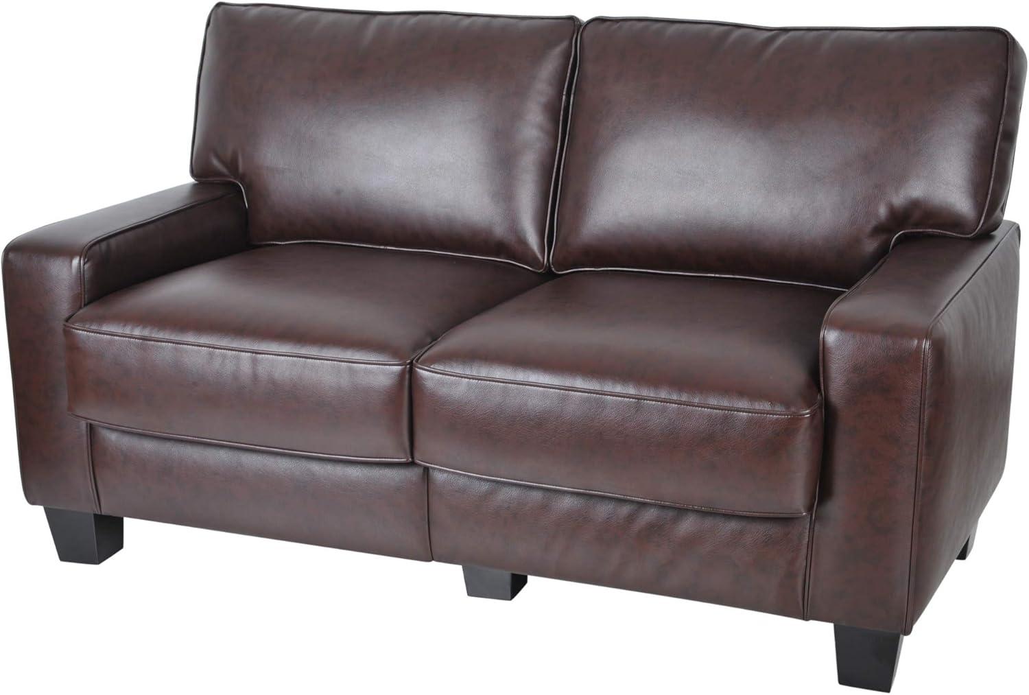 Chestnut Brown Leather 61" Loveseat with Pillow Back and Wood Accents