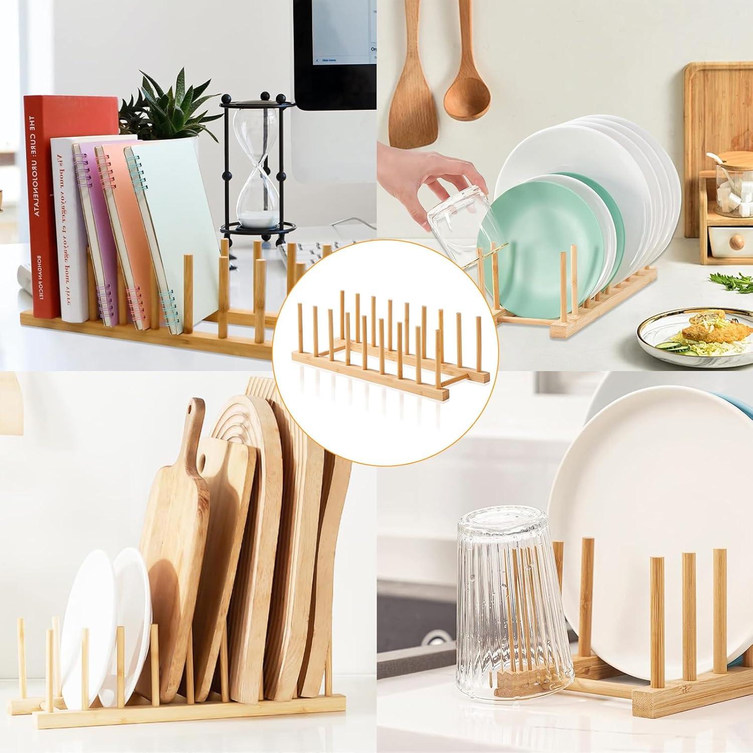 Wovilon Bamboo Wooden Plate Racks Dish Stand Holder Kitchen Storage Cabinet Organizer For Dish/Plate/Bowl/Cup/Pot Lid/Cutting Board