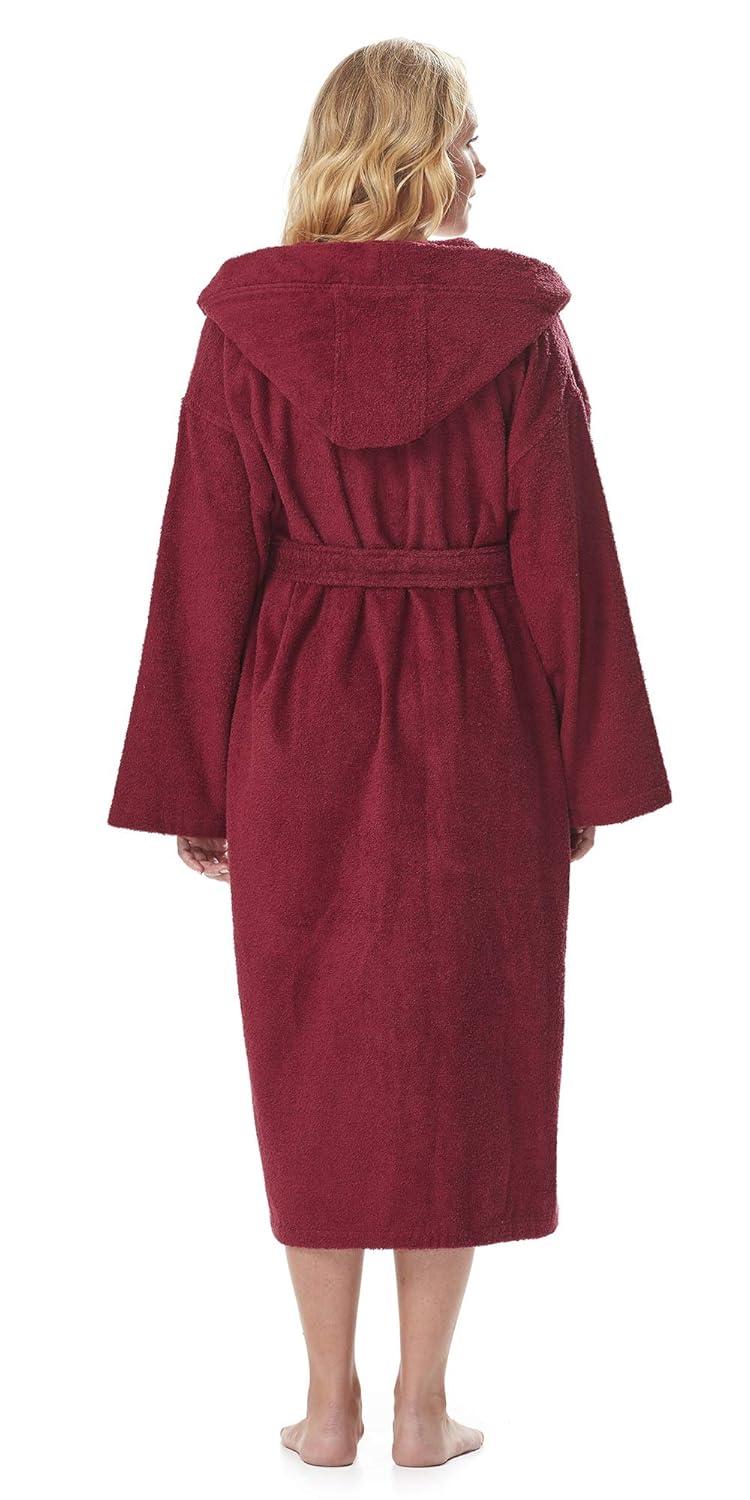 Women's Small Burgundy Cotton Hooded Full Length Bathrobe
