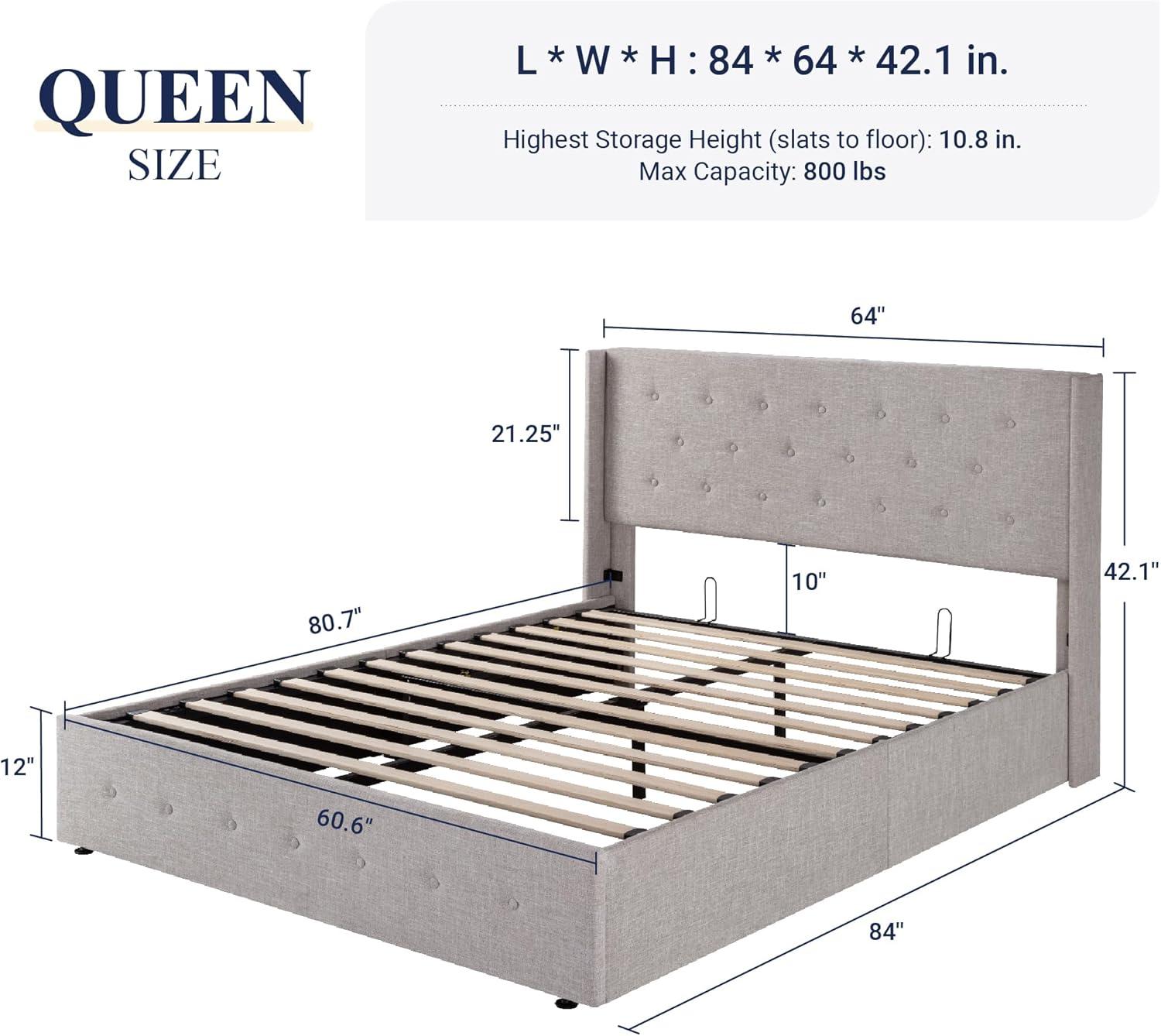 Queen Size Upholstered Wood Frame Bed with Lift Up Storage and Tufted Headboard