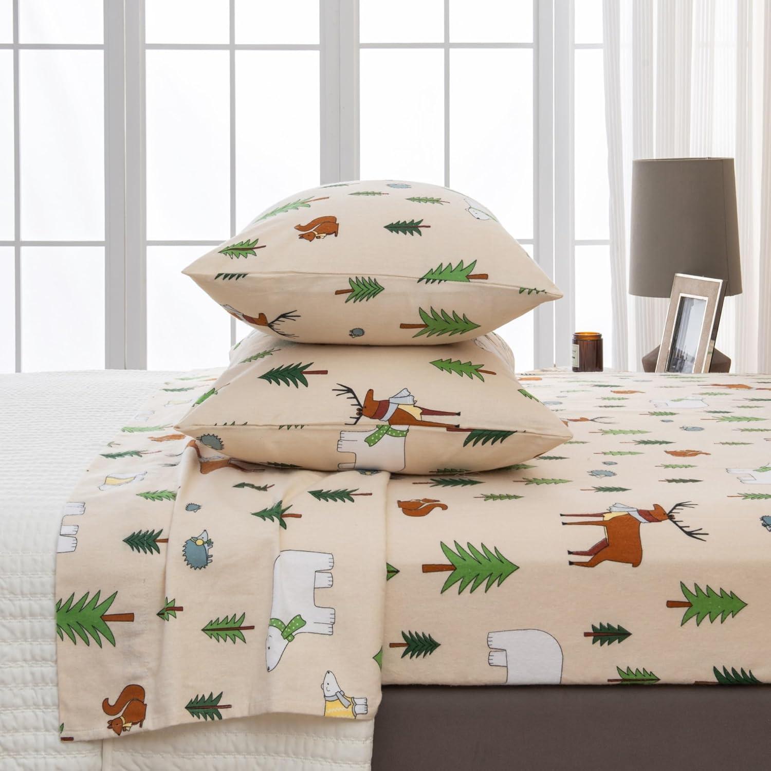 Great Bay Home Lodge Flannel Sheet Set - 100% Turkish Cotton - Double Brushed - Queen, Wildlife