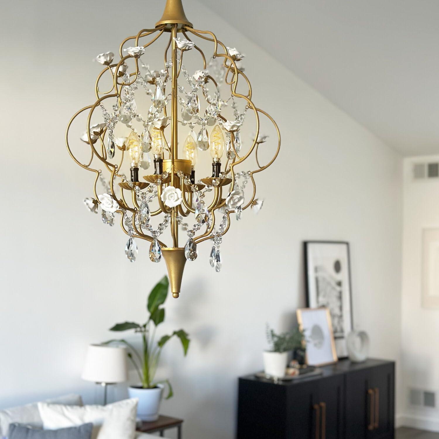 AF Lighting Floral 4-Light Chandelier with Cream Ceramic Roses