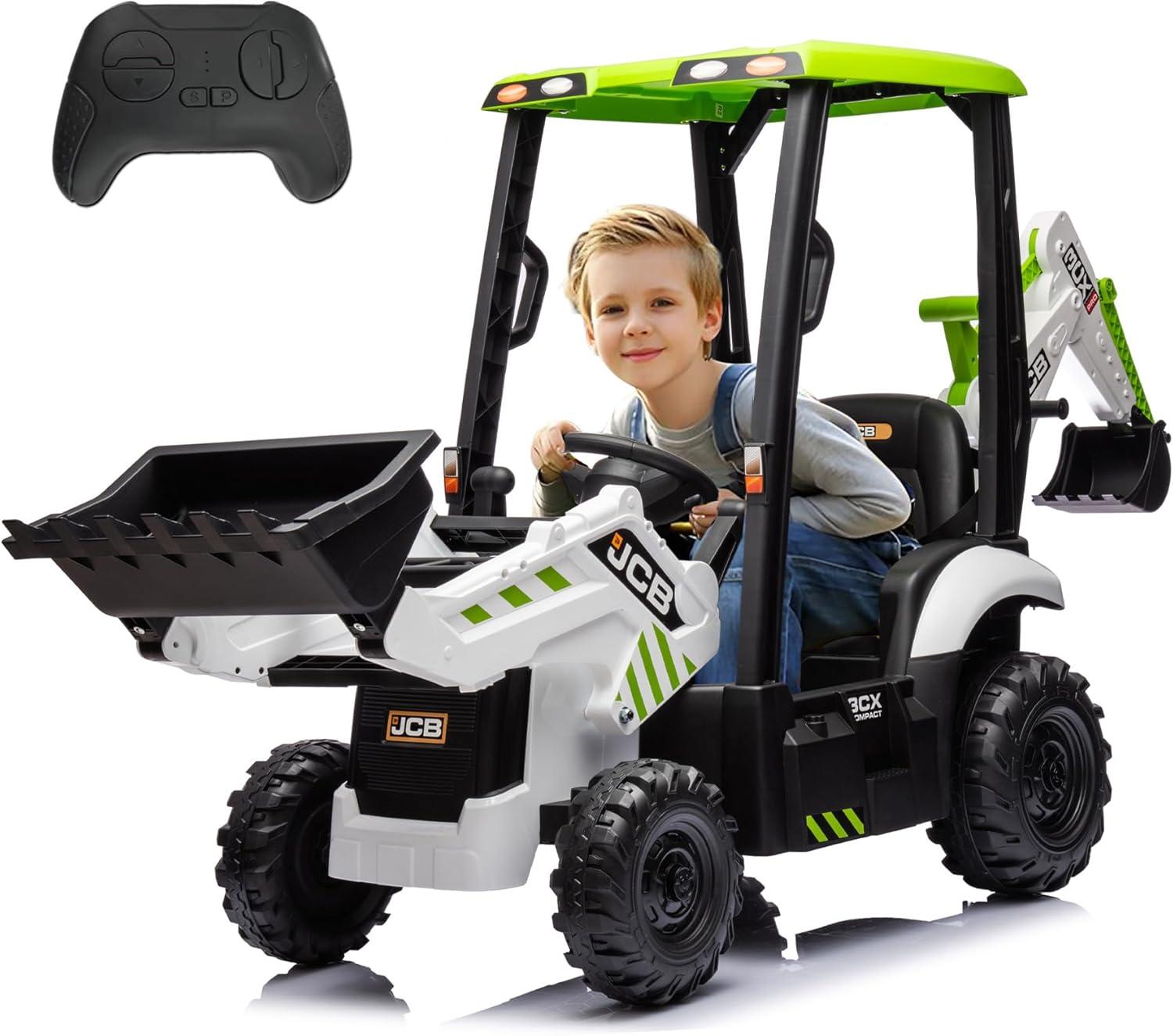 EastVita 4 in 1 Ride on Tractor, Excavator & Bulldozer with Tent,12V Ride on Car Digger Electric Vehicle with Remote Control, Front Loader, Horn, EVA Tires, Kids Ride on Car Toy