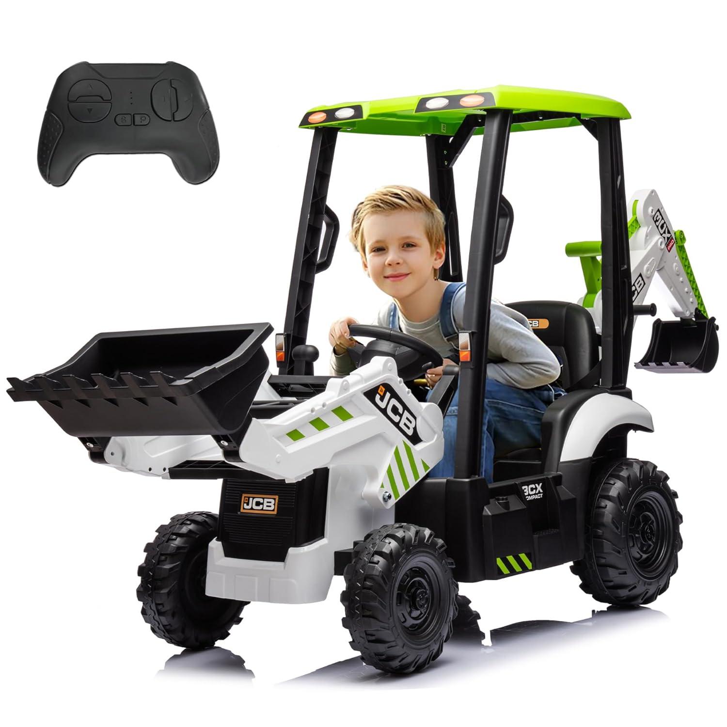 EastVita 4 in 1 Ride on Tractor, Excavator & Bulldozer with Tent,12V Ride on Car Digger Electric Vehicle with Remote Control, Front Loader, Horn, EVA Tires, Kids Ride on Car Toy