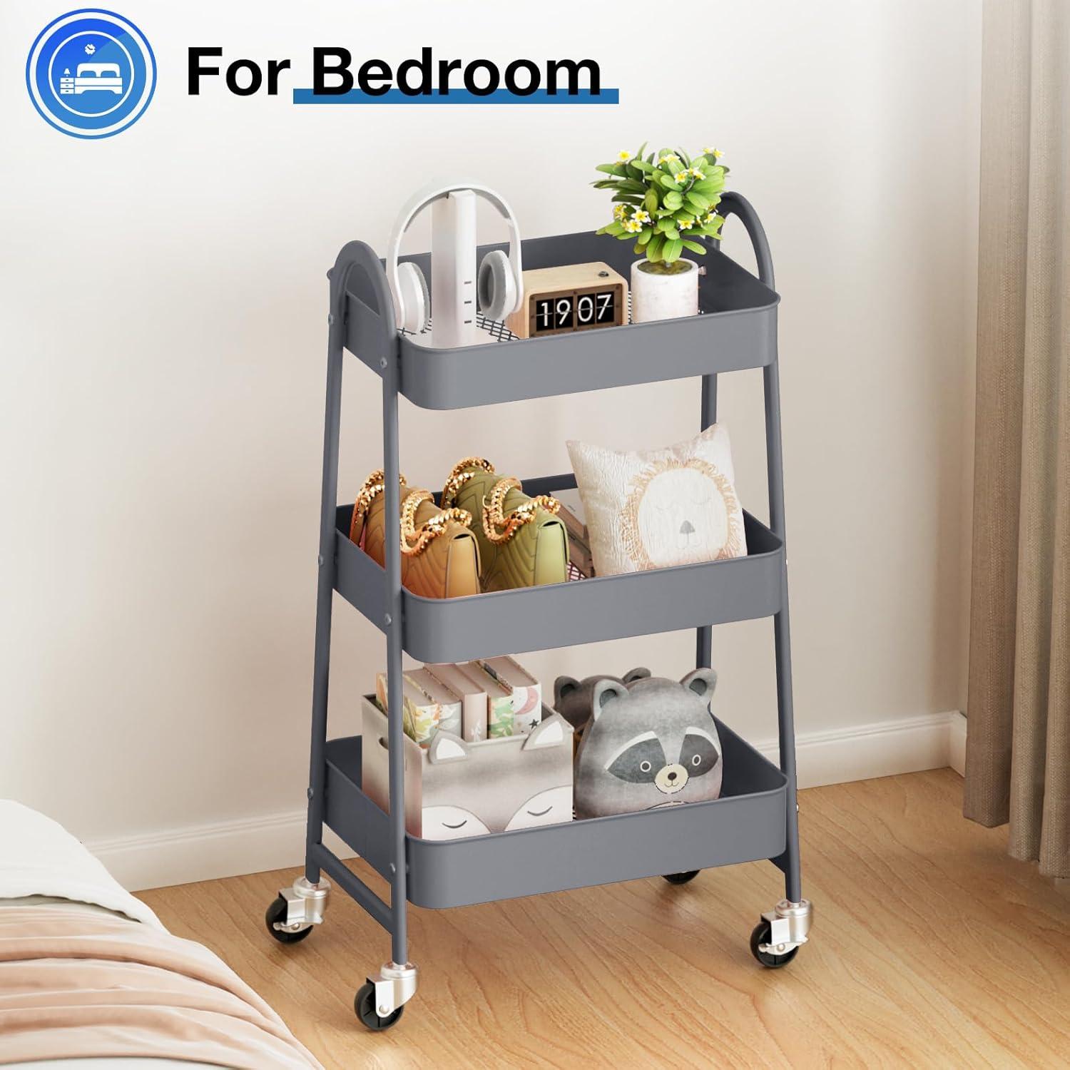 Green Metal 3-Tier Rolling Utility Cart with Lockable Wheels
