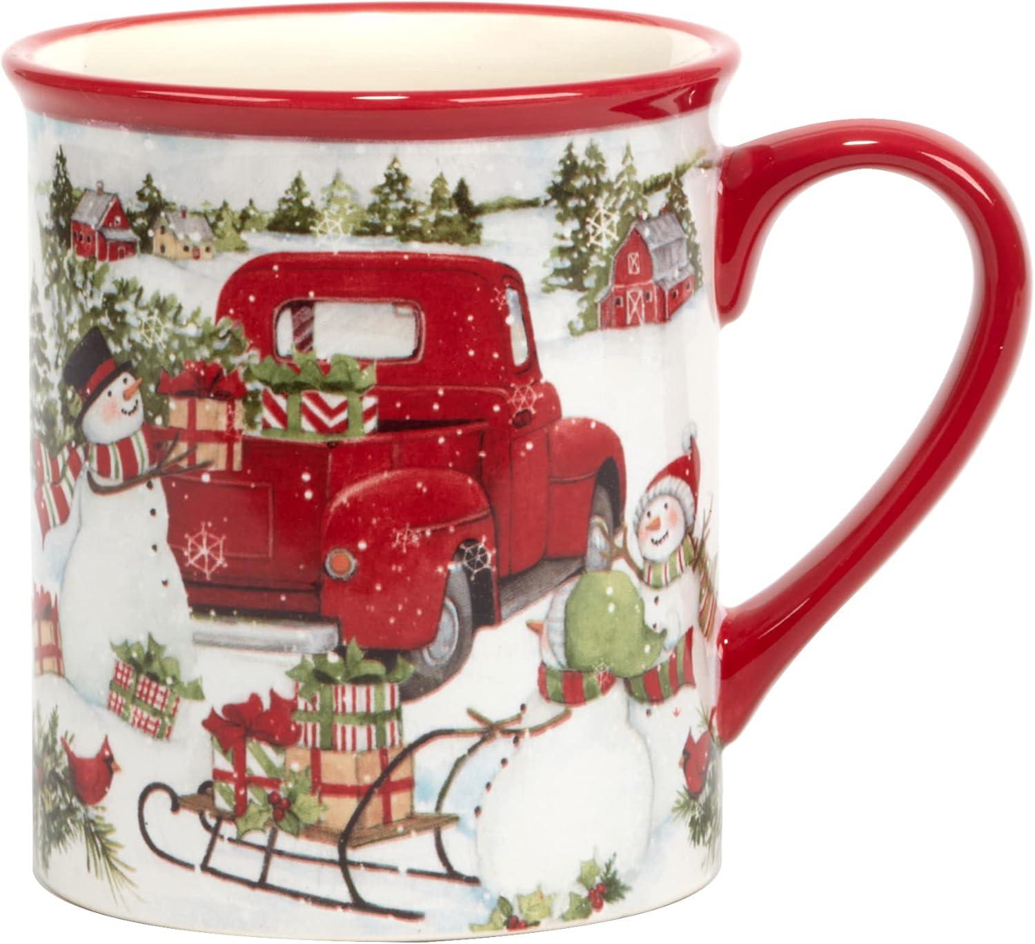 Set of 4 Red Truck Snowman 16oz Drinkware Mugs - Certified International