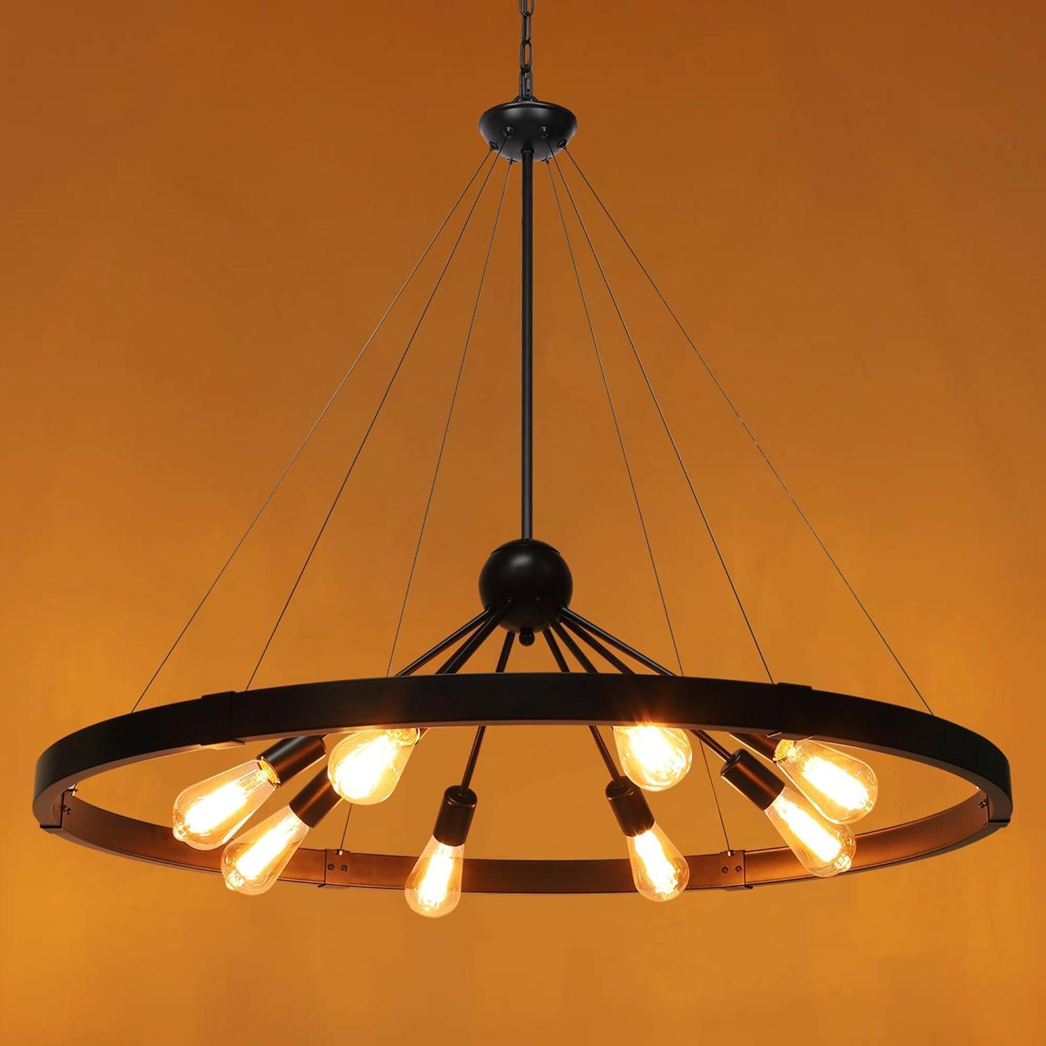 8-Light Farmhouse Black Wagon Wheel Chandelier with Adjustable Chain for Study Dining Room Kitchen