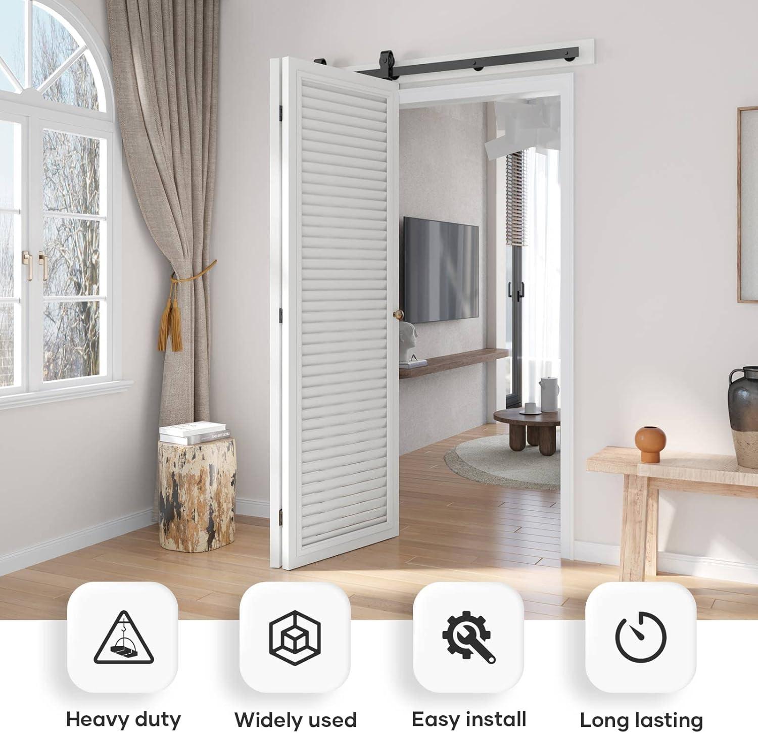 48 inch Bi-Folding Sliding Barn Door Hardware Track Kit, 4FT Black Roller Kit for 2 Doors, J Shape(No Door)