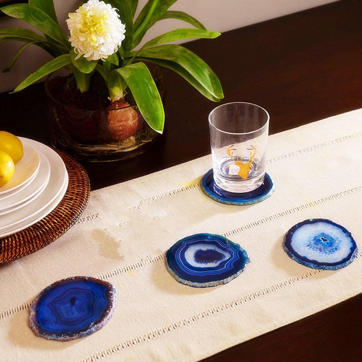 Set of 4 Blue Agate Stone Coasters with Gold Edges