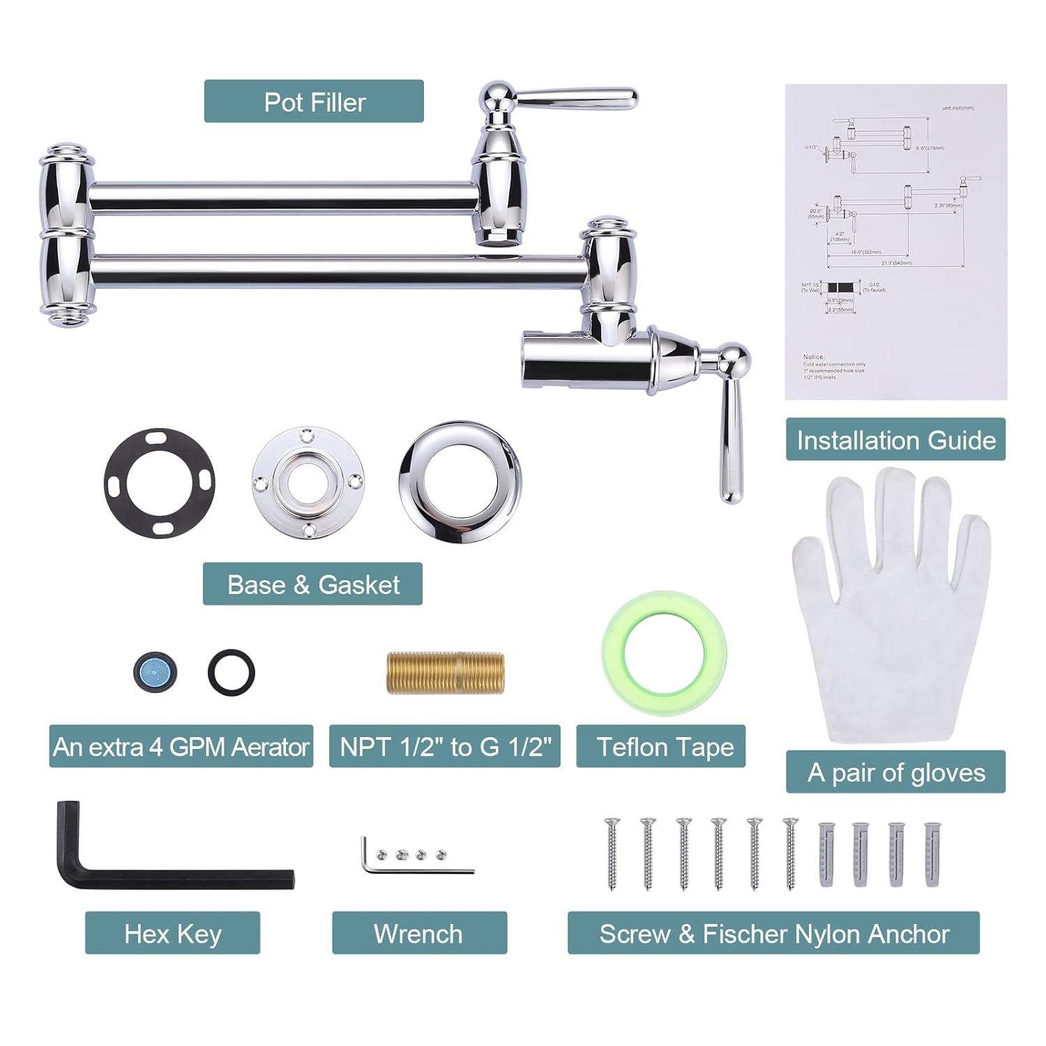 ARCORA ARCORA Wall Mounted Pot Filler Brass Folding Kitchen Faucet with 2 Handles AR7106800C