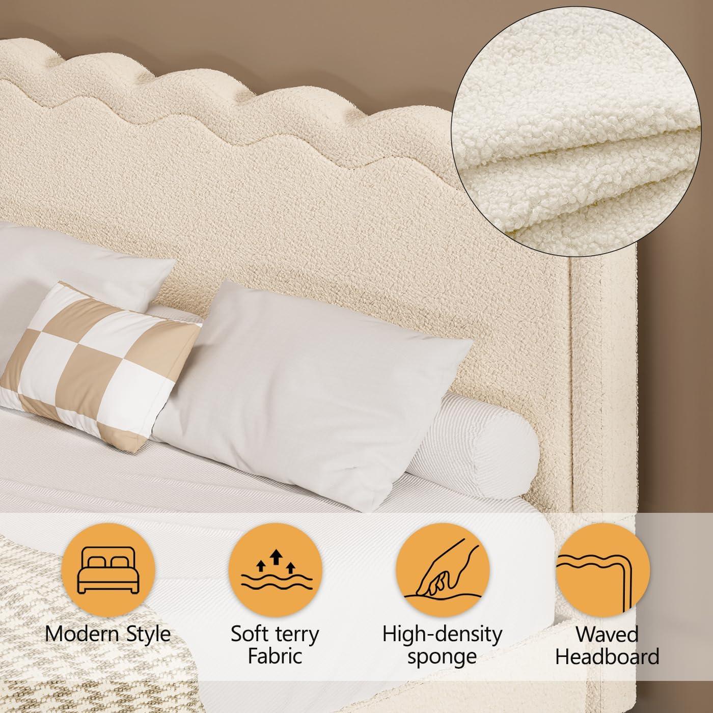 Queen Size Boucle Bed Frame, Upholstered Cloud Bed Frame with Adjustable Headboard, Soft Rounded Corners, No Box Spring Required, Easy Assembly, Black