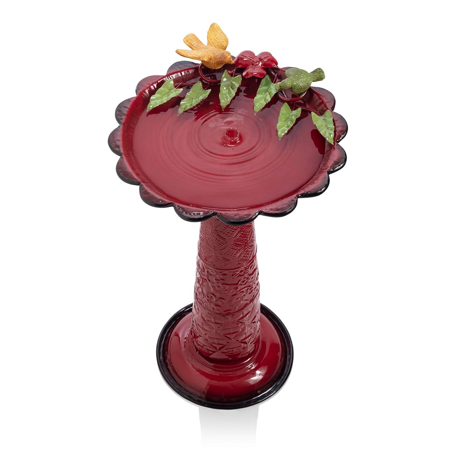 28" Metal Birdbath With Birds And Leaves - Red - Alpine Corporation