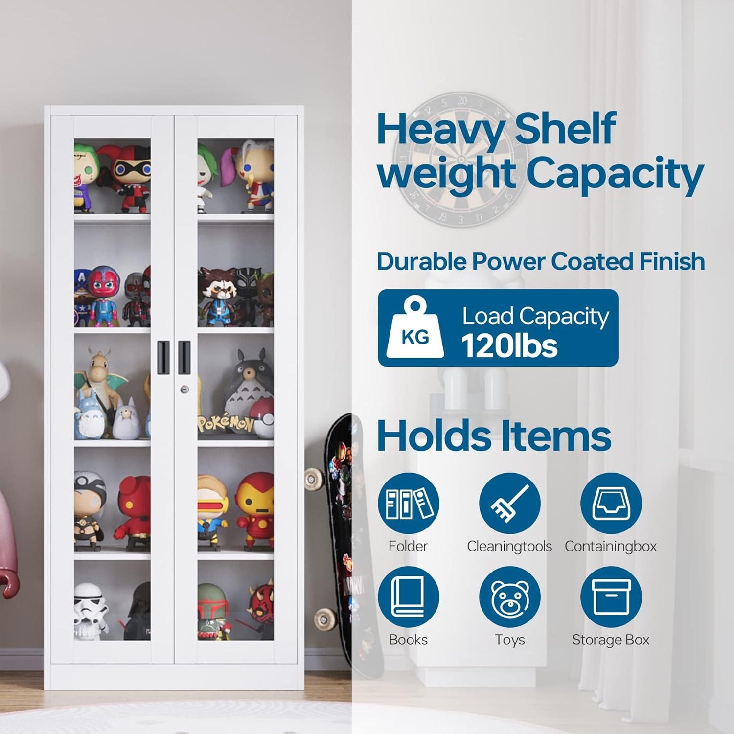 Display Cabinet With Glass Doors, Curio Cabinets With 4 Adjustable Shelves, Locking Glass Cabinet Display Case For Home, Office, Clinic, Pantry, Assemble Required