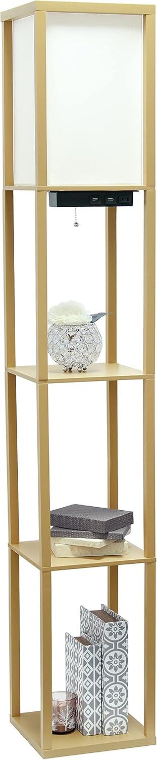 Floor Lamp Etagere Organizer Storage Shelf with 2 USB Charging Ports and Linen Shade - Simple Designs