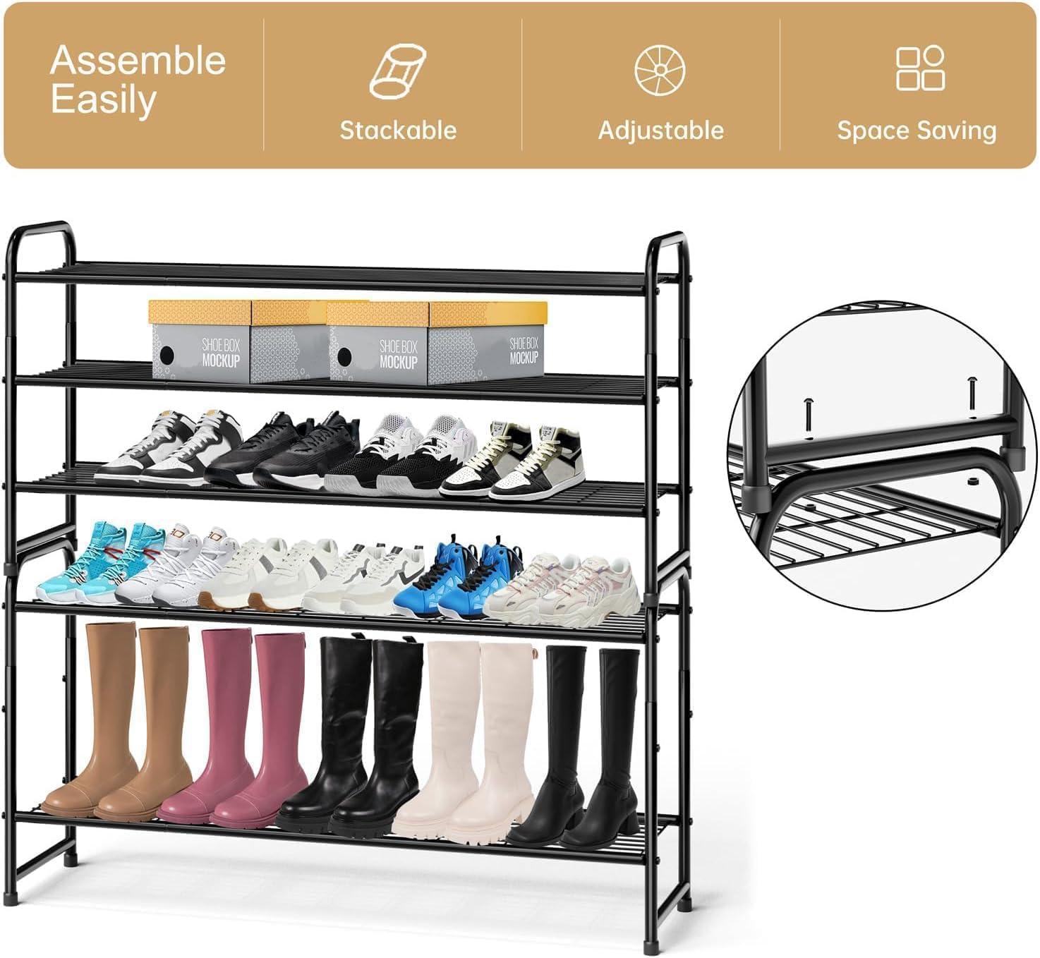 Black 3-Tier Stackable Metal Shoe Rack with Wire Grid