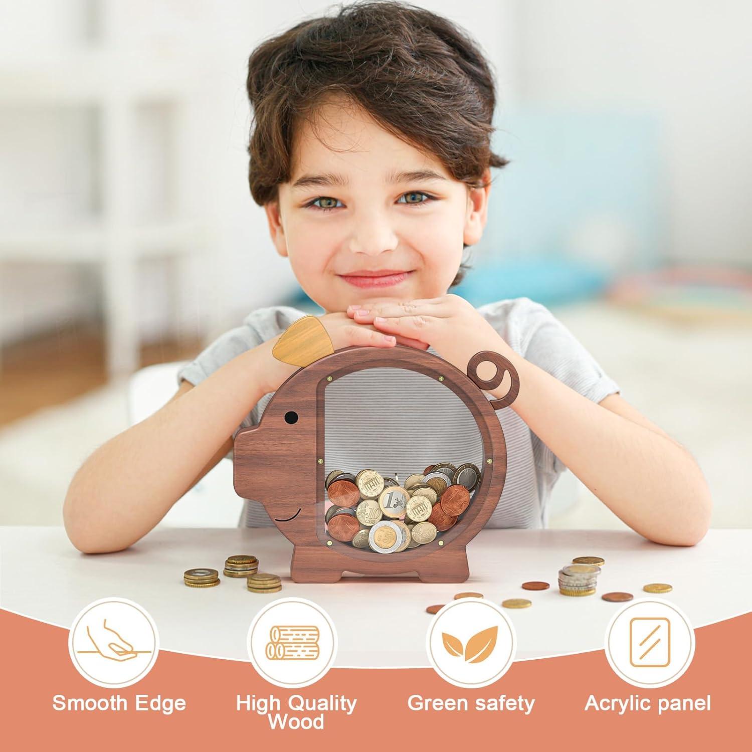 Summidate Wooden Piggy Bank for Boys, Large Unbreakable Money Bank for Kids Adults, Bills Coin Change Money Saving Money Jar Personalized Present for Birthday Christmas& Decor