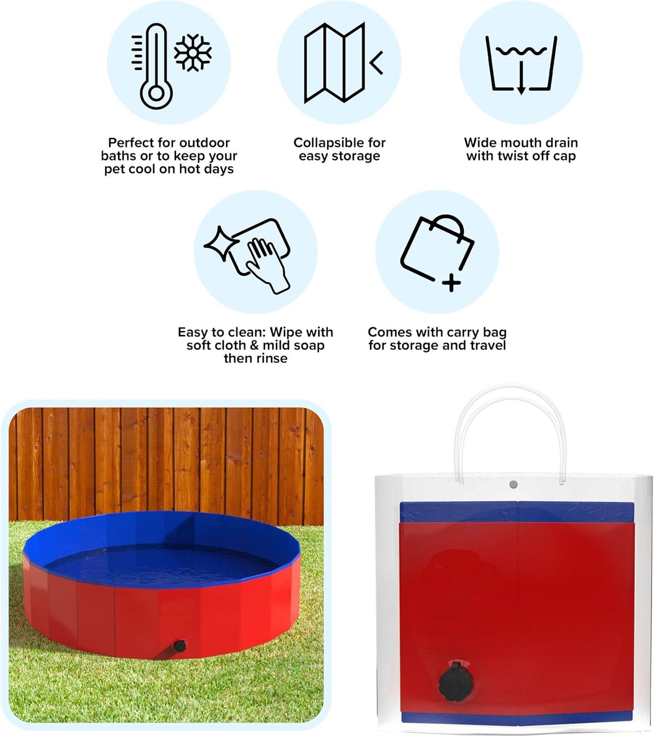 Portable Dog Pool for Large Dogs - Foldable Plastic Bathing Tub with Drain and Carrying Bag for Pets and Backyard Play with Kids by PETMAKER (Blue)