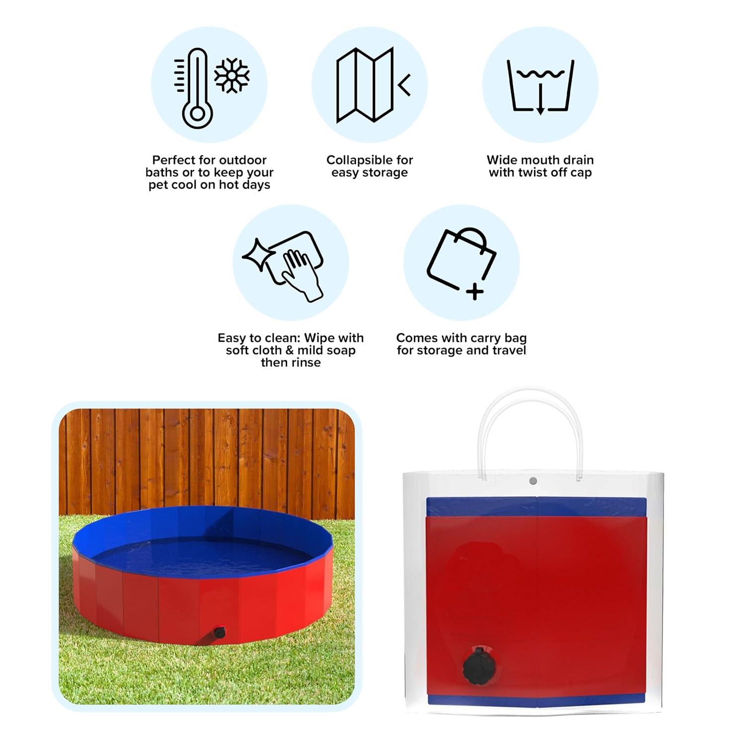 Portable Dog Pool for Large Dogs - Foldable Plastic Bathing Tub with Drain and Carrying Bag for Pets and Backyard Play with Kids by PETMAKER (Blue)