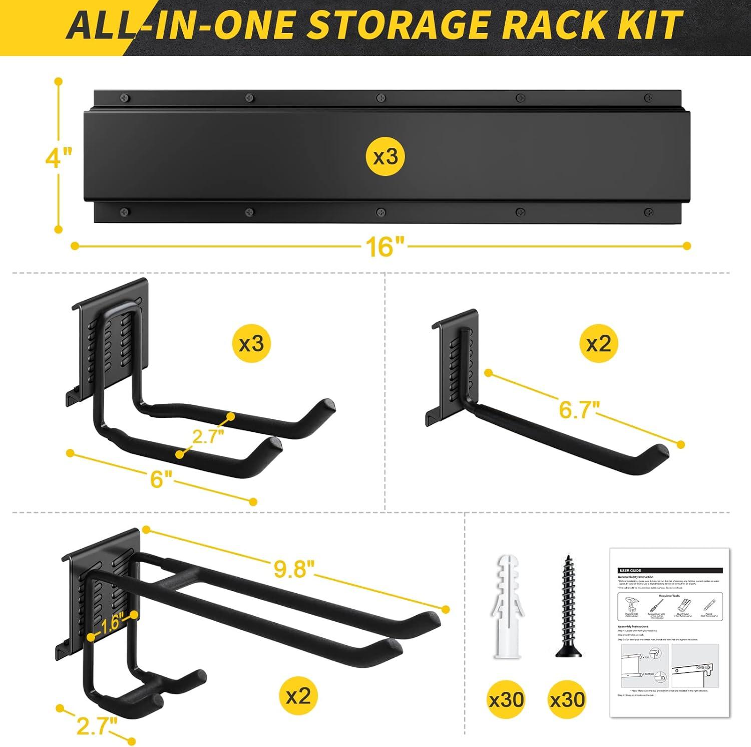 Garage Storage, Garage Organization, Wall Mount Garden Tool Organizer 48 Inches, Max 440lbs Adjustable Metal Hooks, Yard Shed Rack, Tool Holder for Hanging Rake Broom Mop Snowboard, New Home Gift