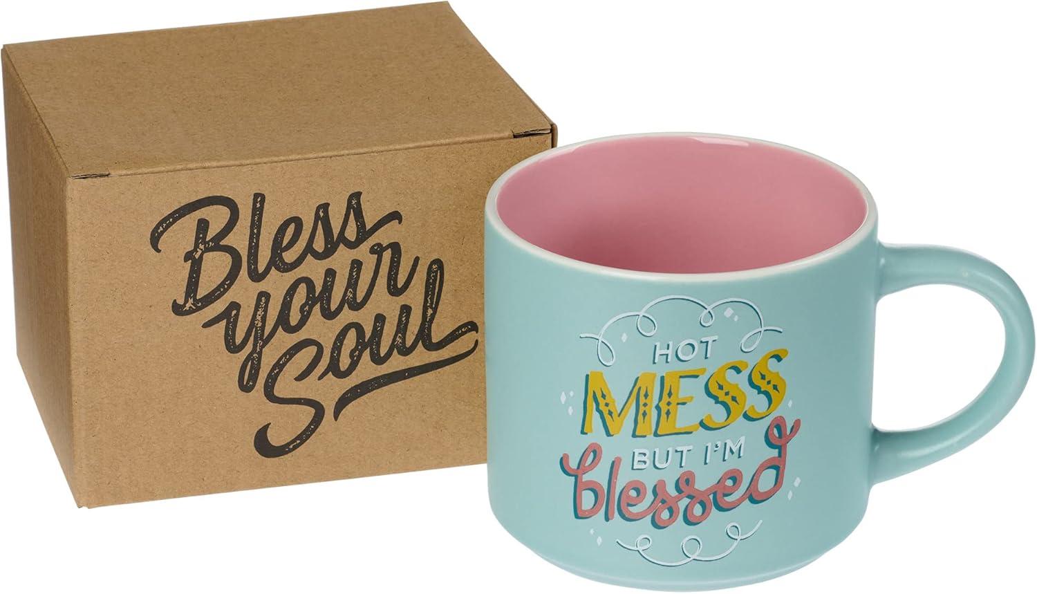 Bless Your Soul XL Blue Coffee Mug Hot Mess But I'm Blessed, Funny Birthday Gifts for Women, Mom, Co-worker, Retro-Inspired Designs - 15oz Cup