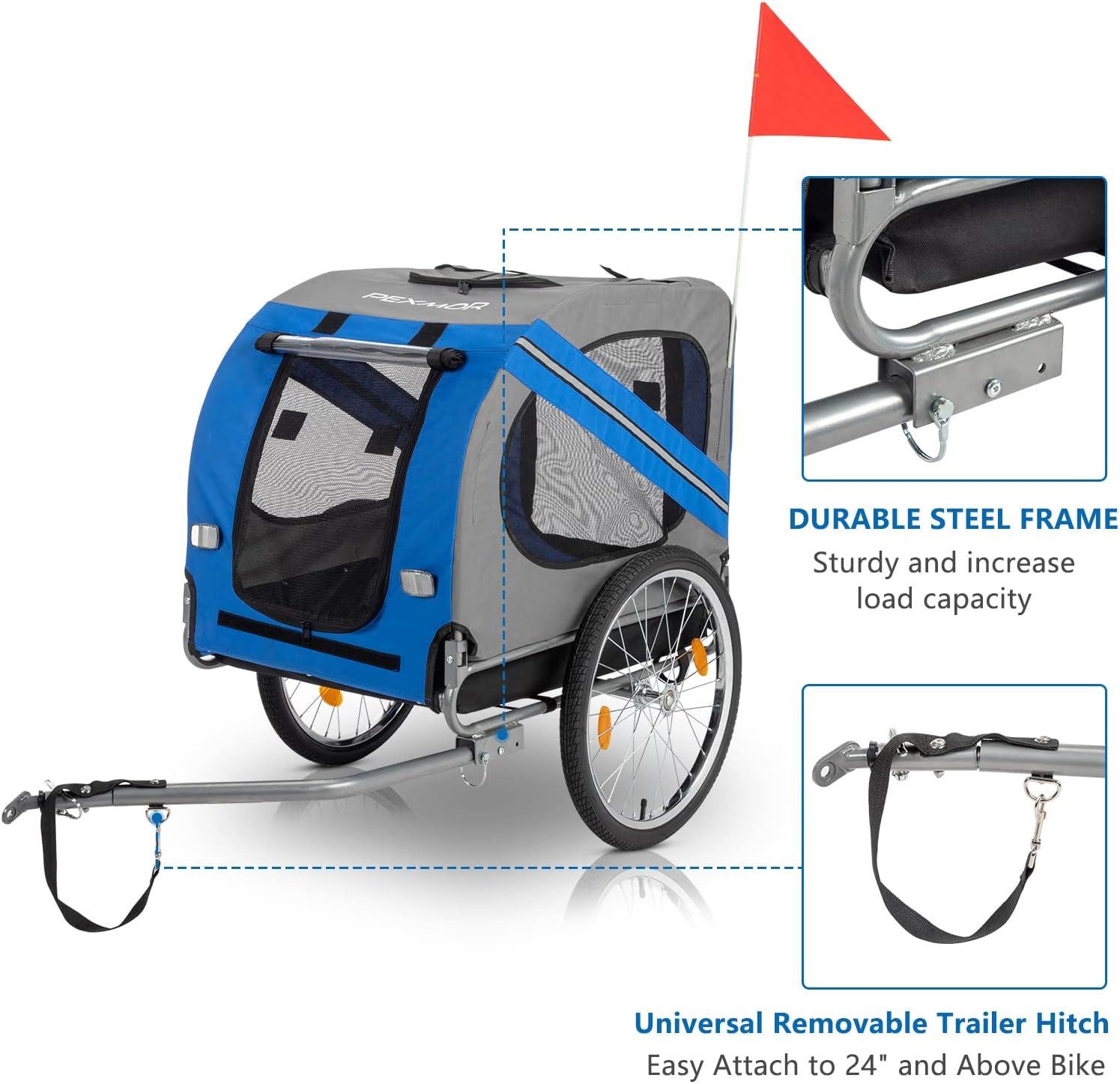 PEXMOR Dog Bike Trailer,Dog Trailer Pet Cart for Bicycle w/Universal Hitch & Quick Release 20" Wheels, Folding Bike Wagon Cargo Carrier for Dog Large Capacity w/3 Entrances & Safety Reflectors Flag
