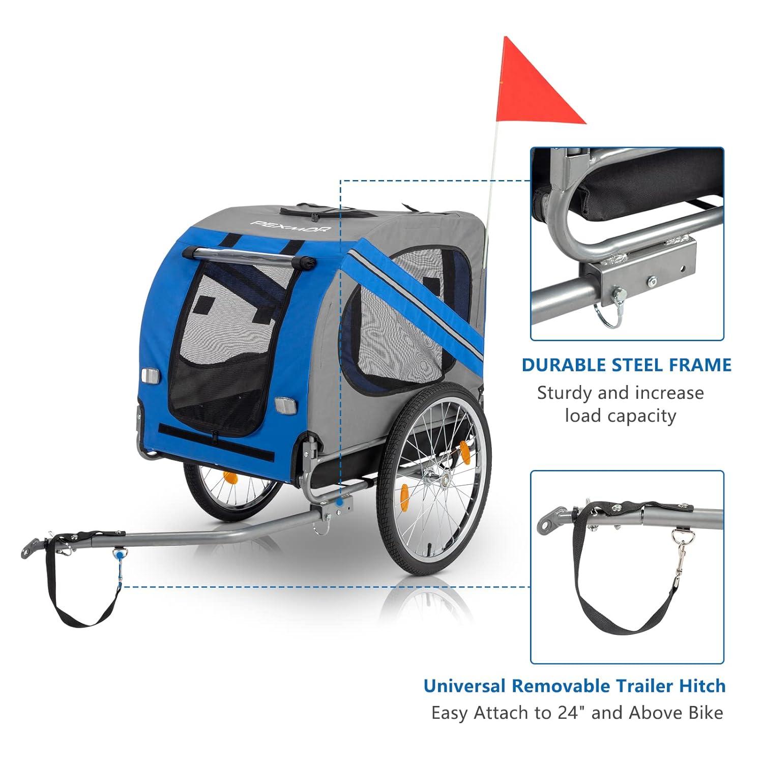 PEXMOR Dog Bike Trailer,Dog Trailer Pet Cart for Bicycle w/Universal Hitch & Quick Release 20" Wheels, Folding Bike Wagon Cargo Carrier for Dog Large Capacity w/3 Entrances & Safety Reflectors Flag