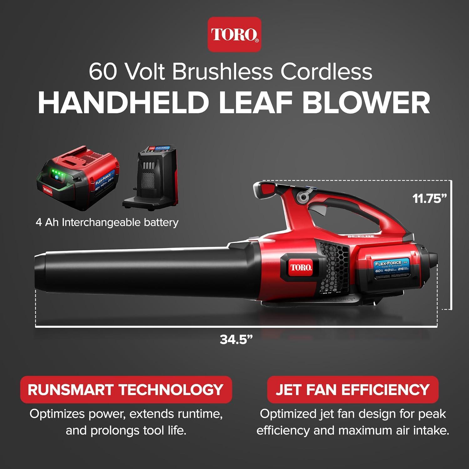 Toro 60 Volt Brushless Cordless Leaf Blower w/ 4 Ah Battery and Charger