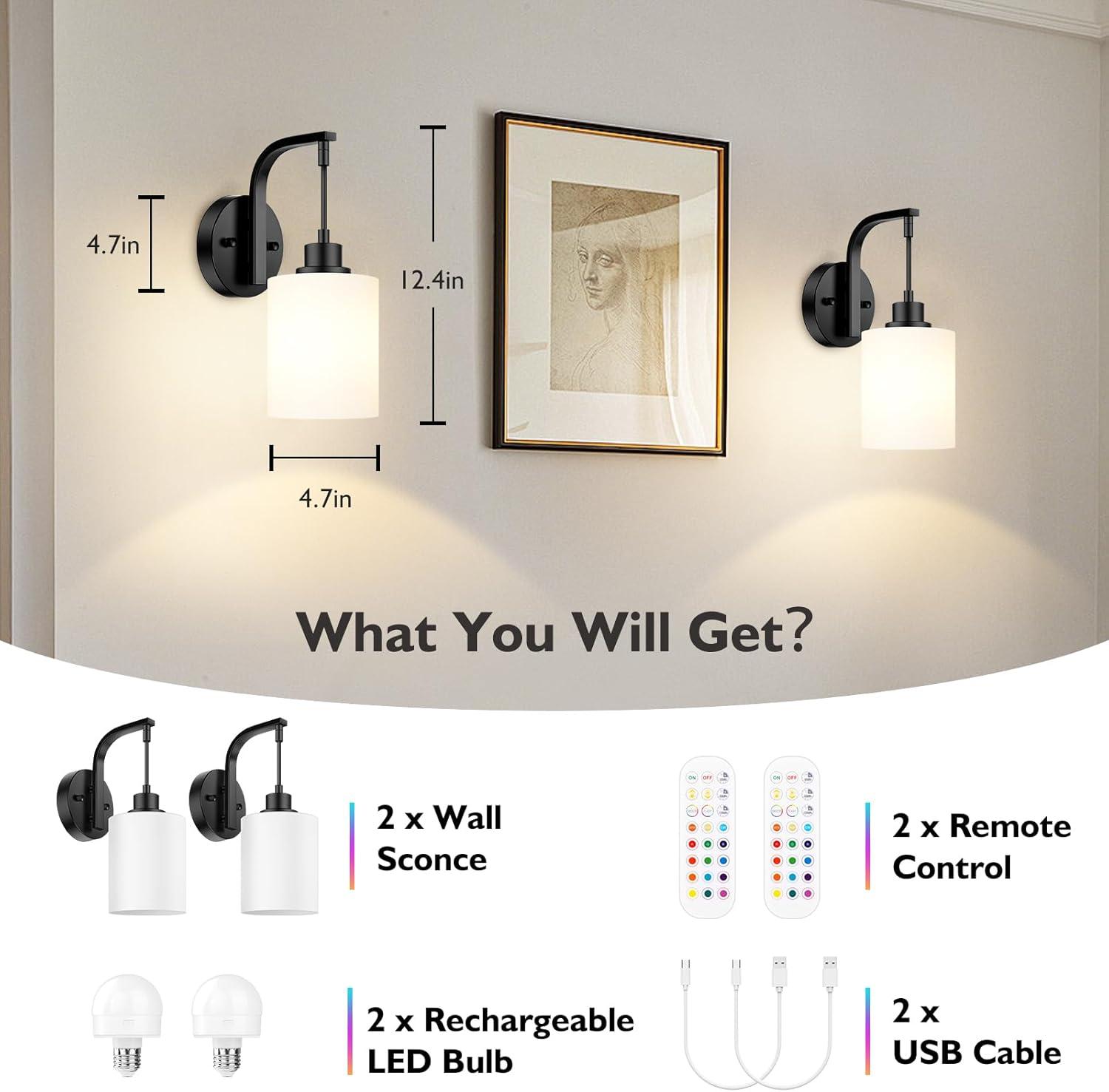 Latitude Run® Battery Operated Wall Sconce Set Of 2, Wireless Rechargeable Wall Lights, Glass Wall Lamps With Remotes And Dimmable RGB LED Bulbs, No Wiring Indoor Sconces Wall Decor For Bedroom Living Room Hallway