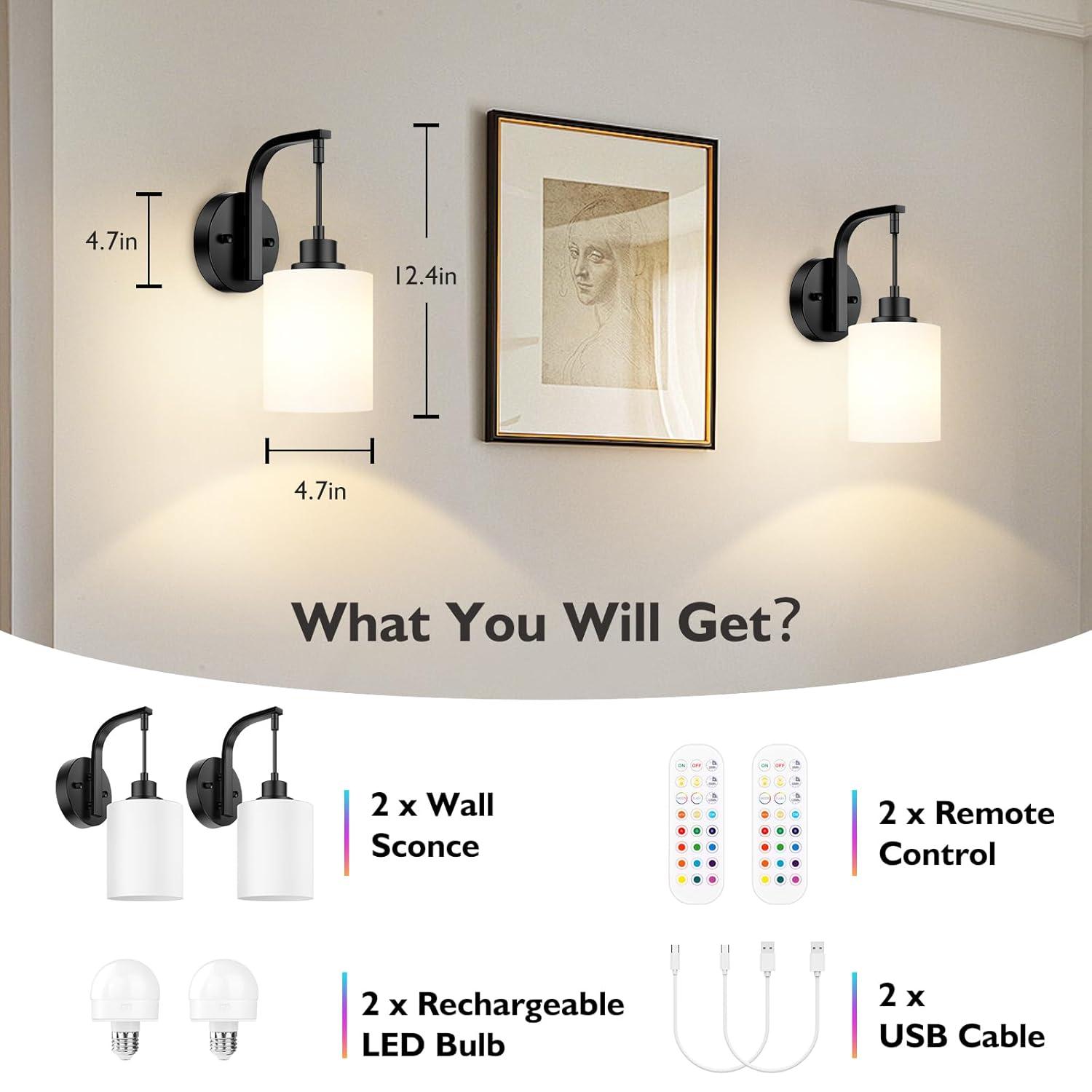 Latitude Run® Battery Operated Wall Sconce Set Of 2, Wireless Rechargeable Wall Lights, Glass Wall Lamps With Remotes And Dimmable RGB LED Bulbs, No Wiring Indoor Sconces Wall Decor For Bedroom Living Room Hallway