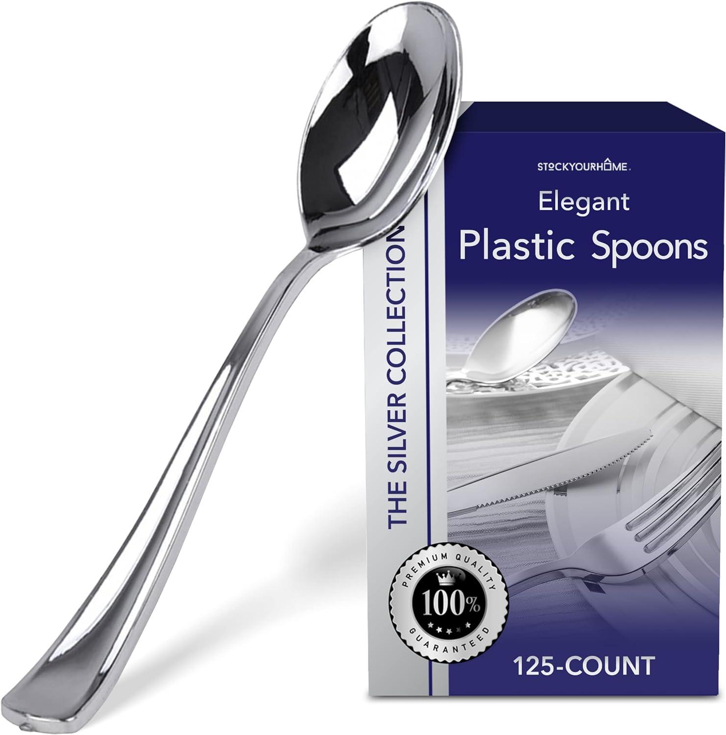 Elegant Silver Heavyweight Plastic Spoons, 125 Count