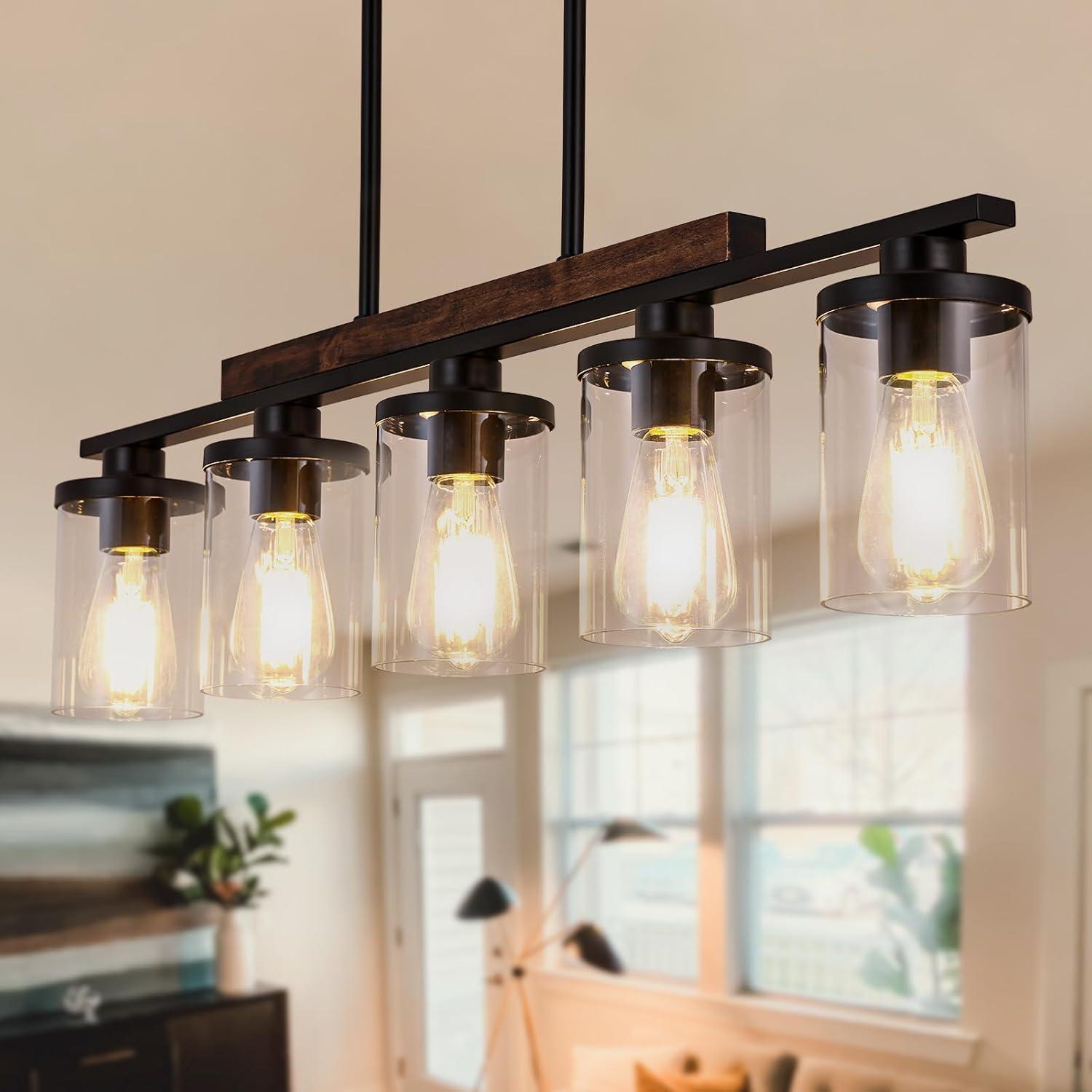 Black Farmhouse Chandelier, 5-Light Island Lights for Kitchen in Metal Finish with Clear Glass Shades, 37" Dining Room Chandelier, Linear Pendant Lighting for Foyer, Bar, Pool Table