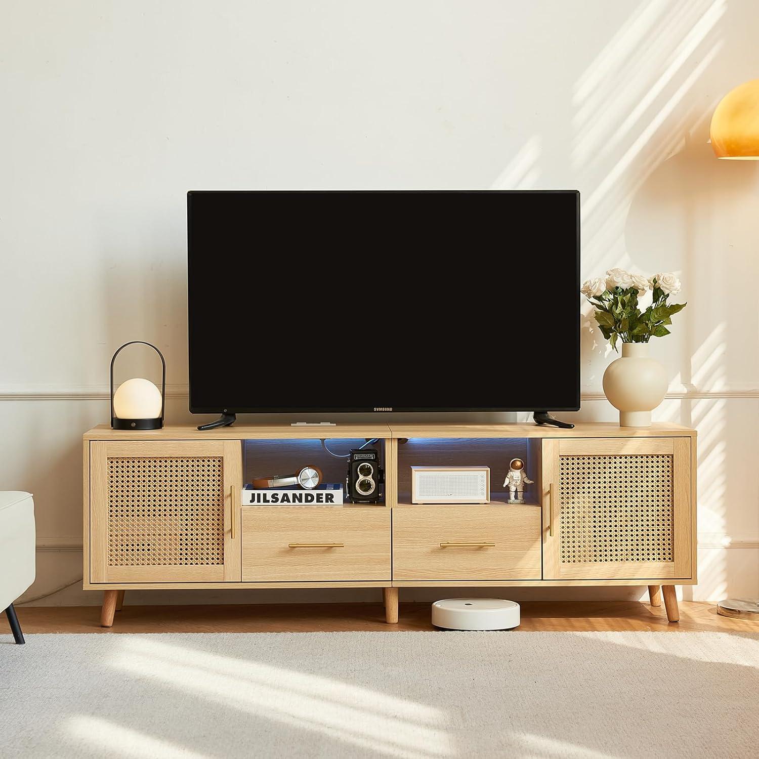 Bay Isle Home™ Heyer Large Wood Rattan TV Stand for TVs up to 75" with LED Light and Charging Station, Coastal Media Console Table, Multimedia Storage Furniture with 2 Drawers, Lighting TV Cabinet