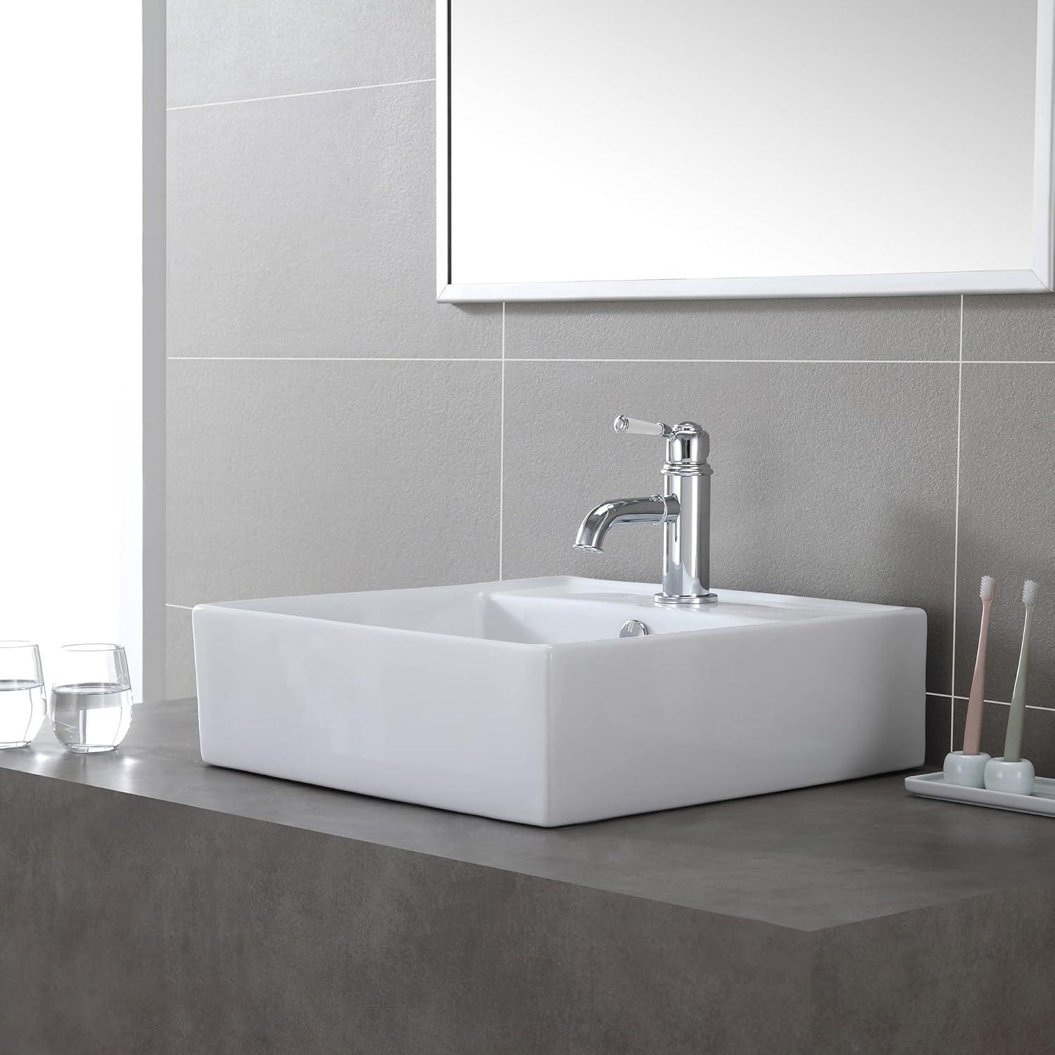 Sleek Square Ceramic Vessel Bathroom Sink with Overflow, 18.5"