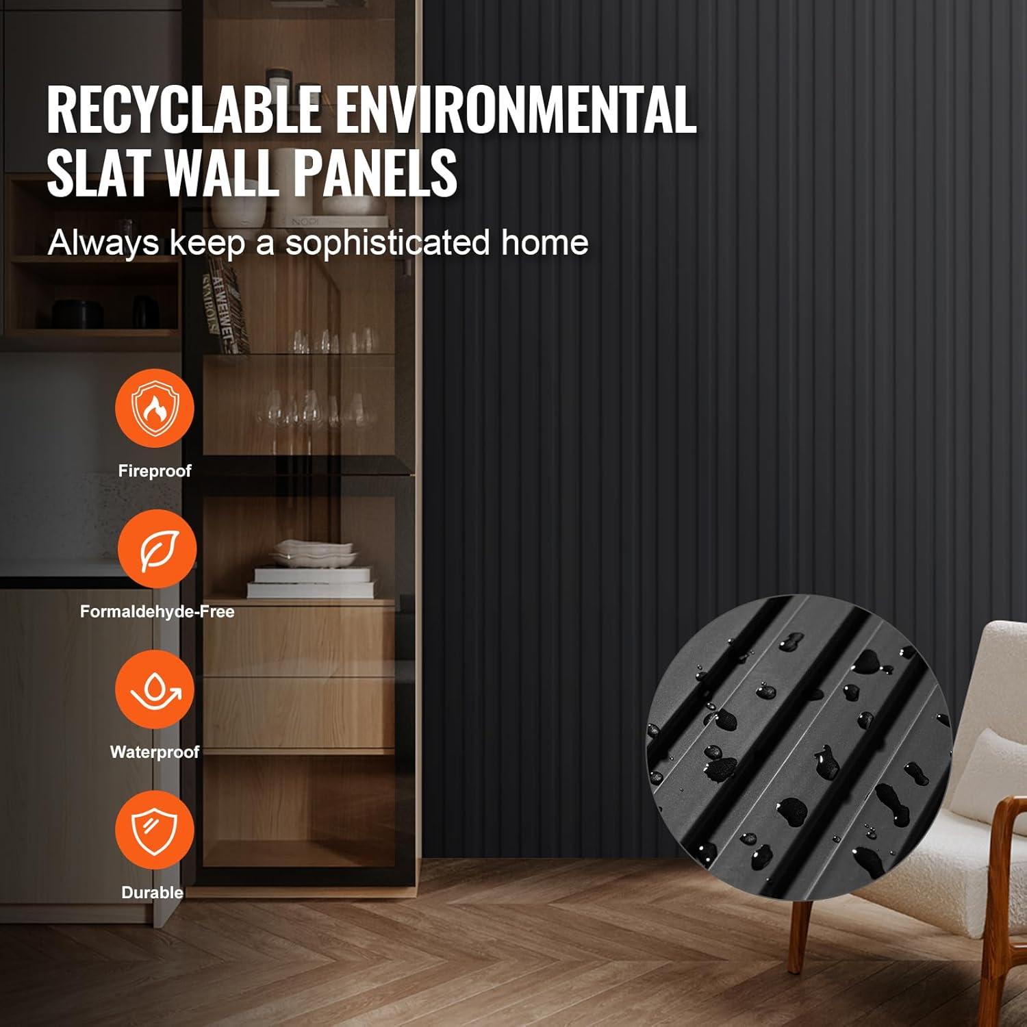 VEVOR Wood Slat Acoustic Panels, 8 PCS 96 x 6 inch, WPC Accent Wooden Wall Panels for Modern Interior Wall, Faux Wood Wall Board Panels for Stylish Decor and Noise Reduction, Matte Black