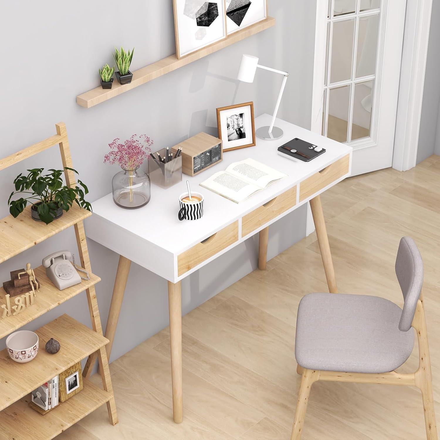 Canddidliike Computer Desk with 3 Drawers and Solid Rubber Wood Legs for Home Office, Gaming Desk, Gaming Computer Desks for Study,Working,Writing