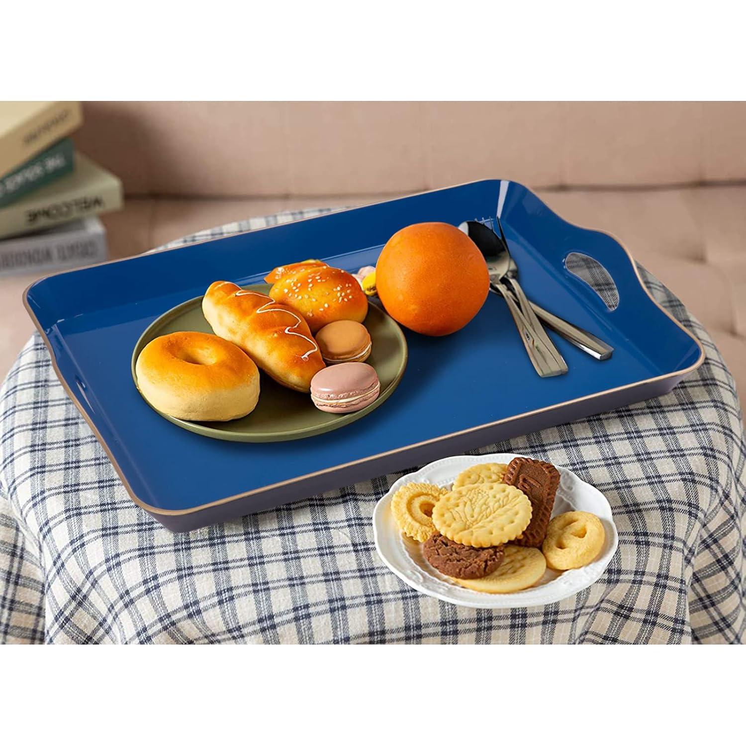 MAONAME Melamine Serving Tray with Handles, Royal Blue Modern Decorative Tray, Rectangular Plastic Tray for Coffee Table, Large Ottoman Tray for Bedroom, Living Room, 17" x 11.8" x 2"