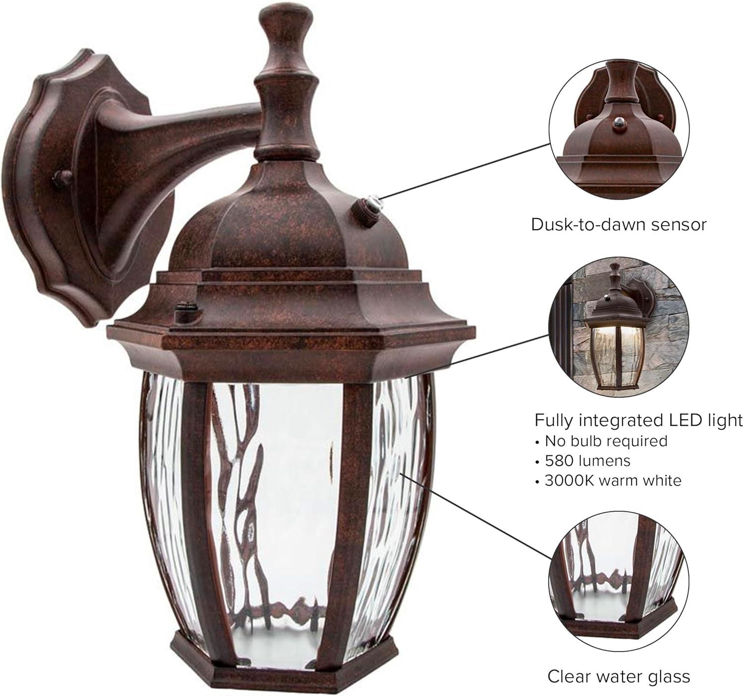 Maxxima LED Outdoor Wall Light, Aged Bronze w/Clear Water Glass, Dusk to Dawn Sensor, 580 Lumens Warm White