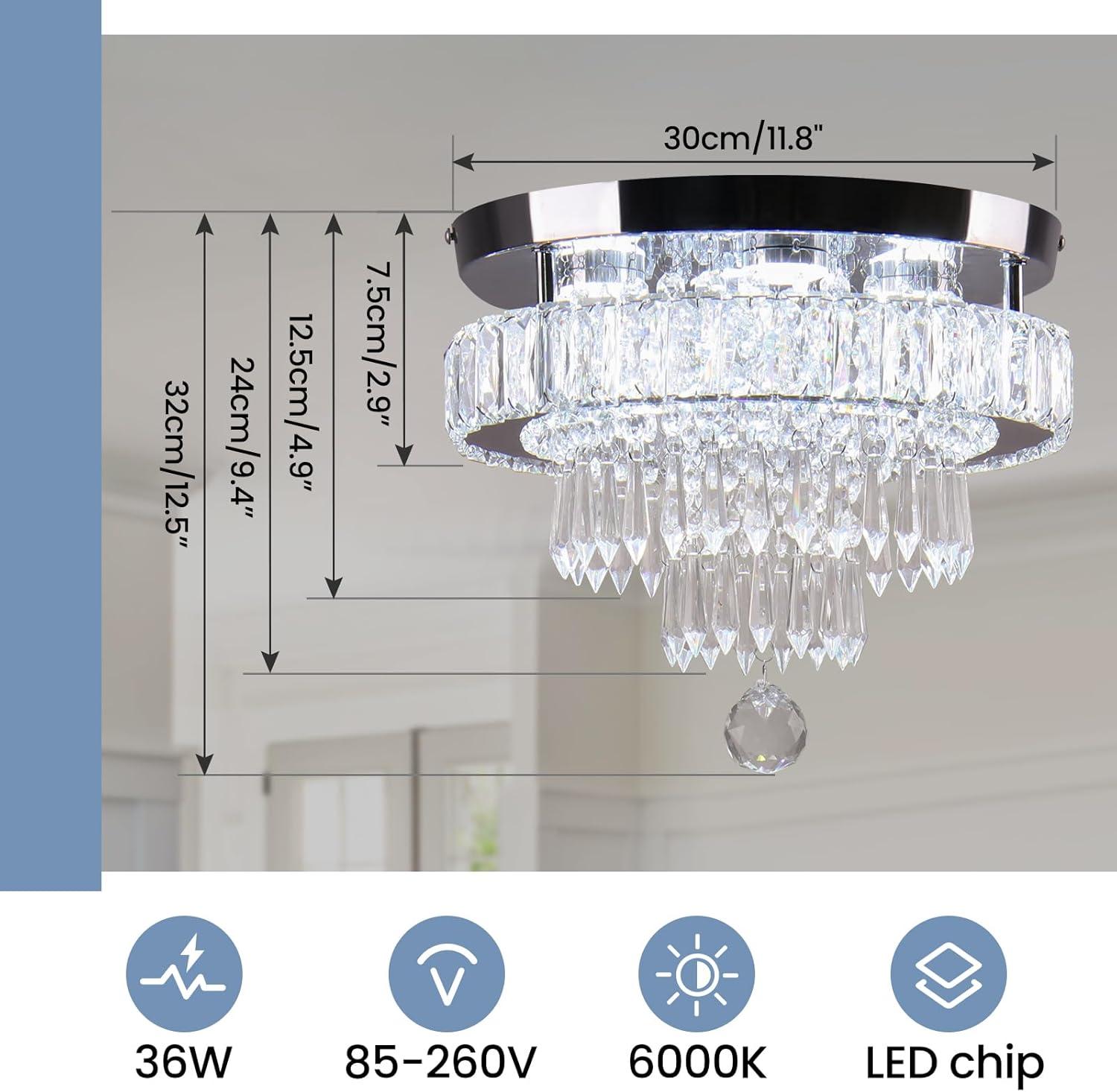 House of Hampton® House of Hampton® 11.8" Crystal Chandeliers Modern Crystal Ceiling Light LED Chandeliers Semi Flush Mount Chandelier Light for Bedrooms Dining Living Room Hallway (6500K Cool White Light)