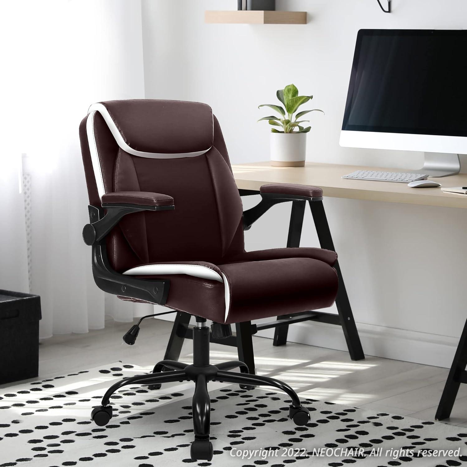 Neo Chair Mid Back Ergonomic Executive PU Leather Chair with Padded Flip-up Arms, Brown