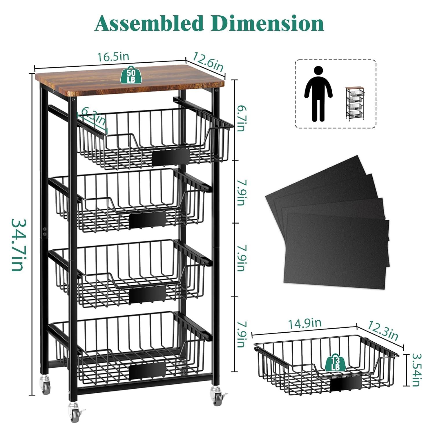 5-Tier Vegetable Fruit Basket Kitchen Storage Rolling Cart on Wheels with Pull-Out Baskets and Wood Top for Kitchen Diningroom Pantry
