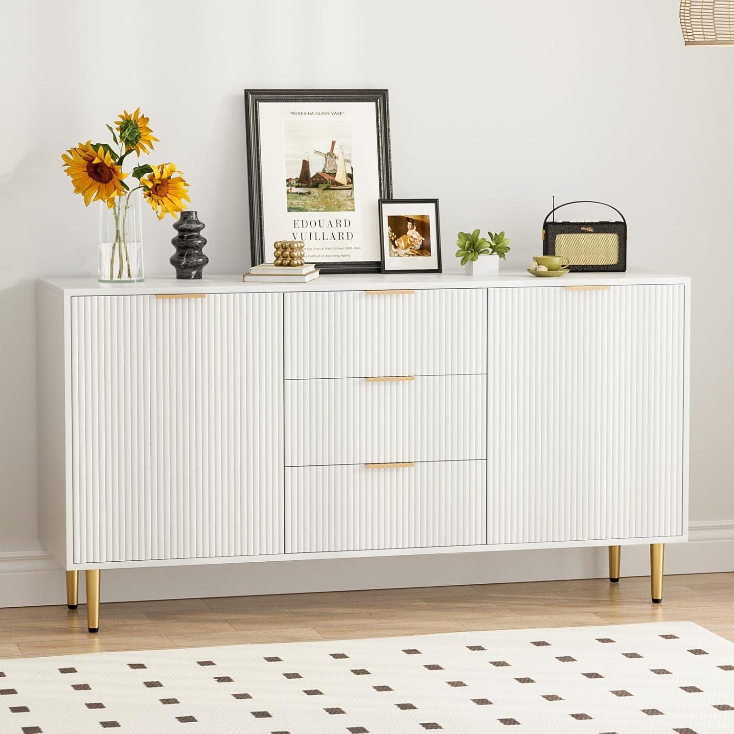 Fluted Accent Cabinet, Kitchen Sideboard Buffet Cabinet with 4 Fluted Doors, Modern Storage Cabinet with Adjustable Shelves for Living Room, Dining Room, Hallway (White)